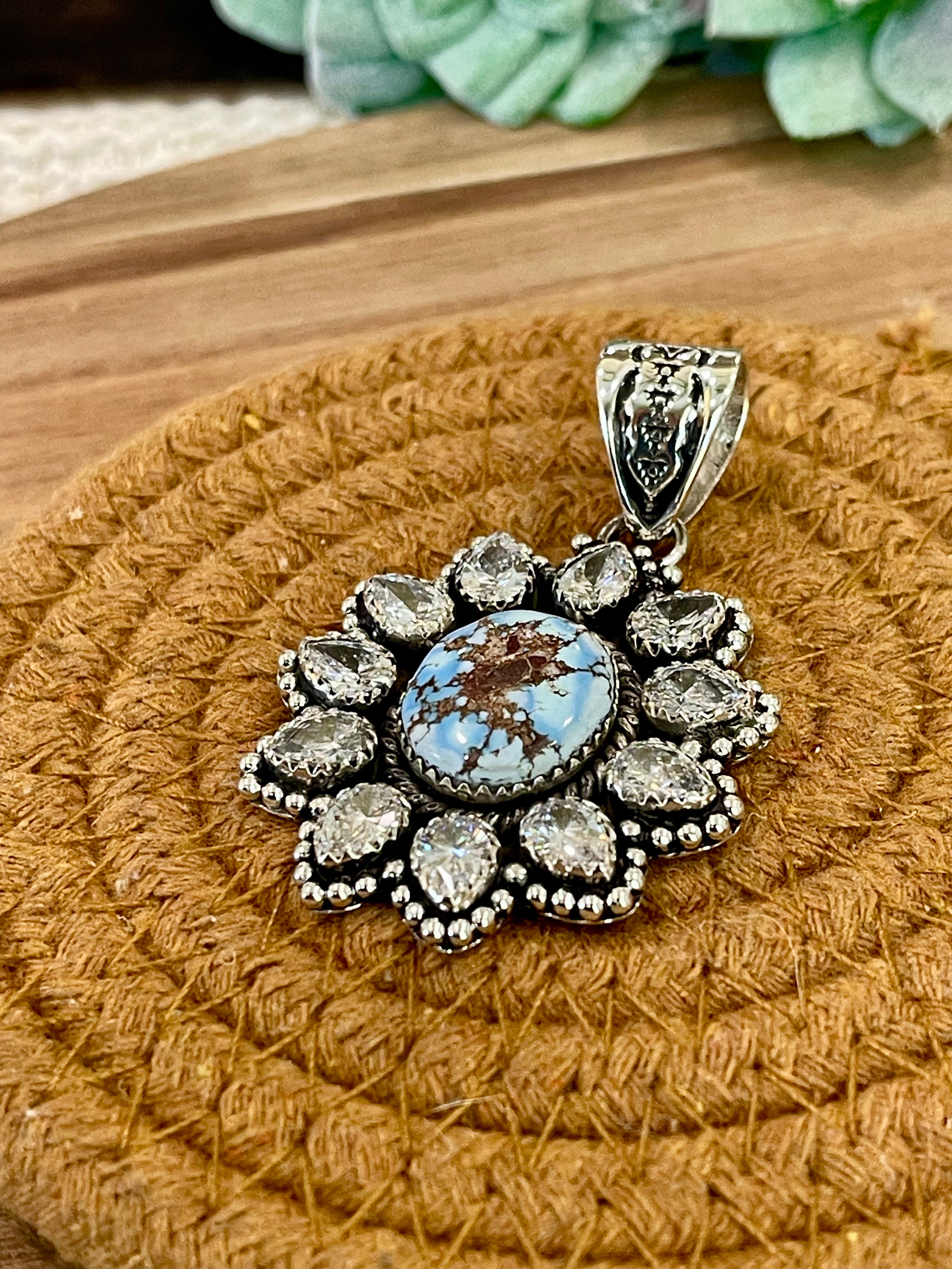 Handmade Golden Hills Turquoise, Sterling Silver & CZ Cluster Pendant Signed Nizhoni