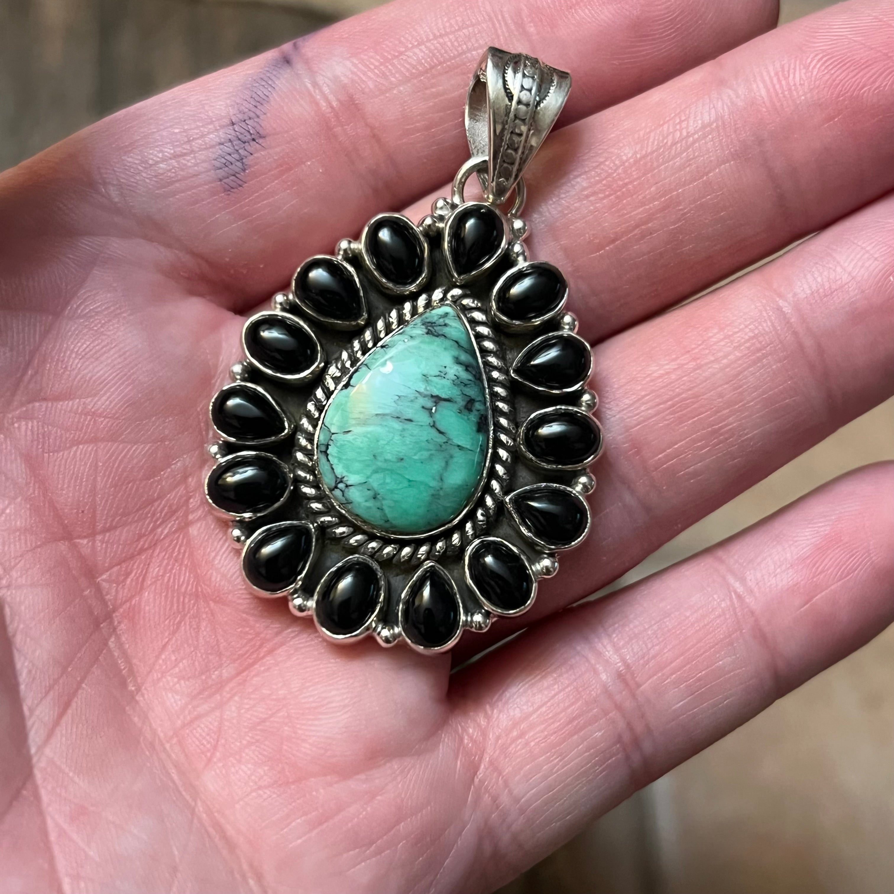 Handmade Black Onyx & Turquoise Tear Drop Sterling Silver Pendant