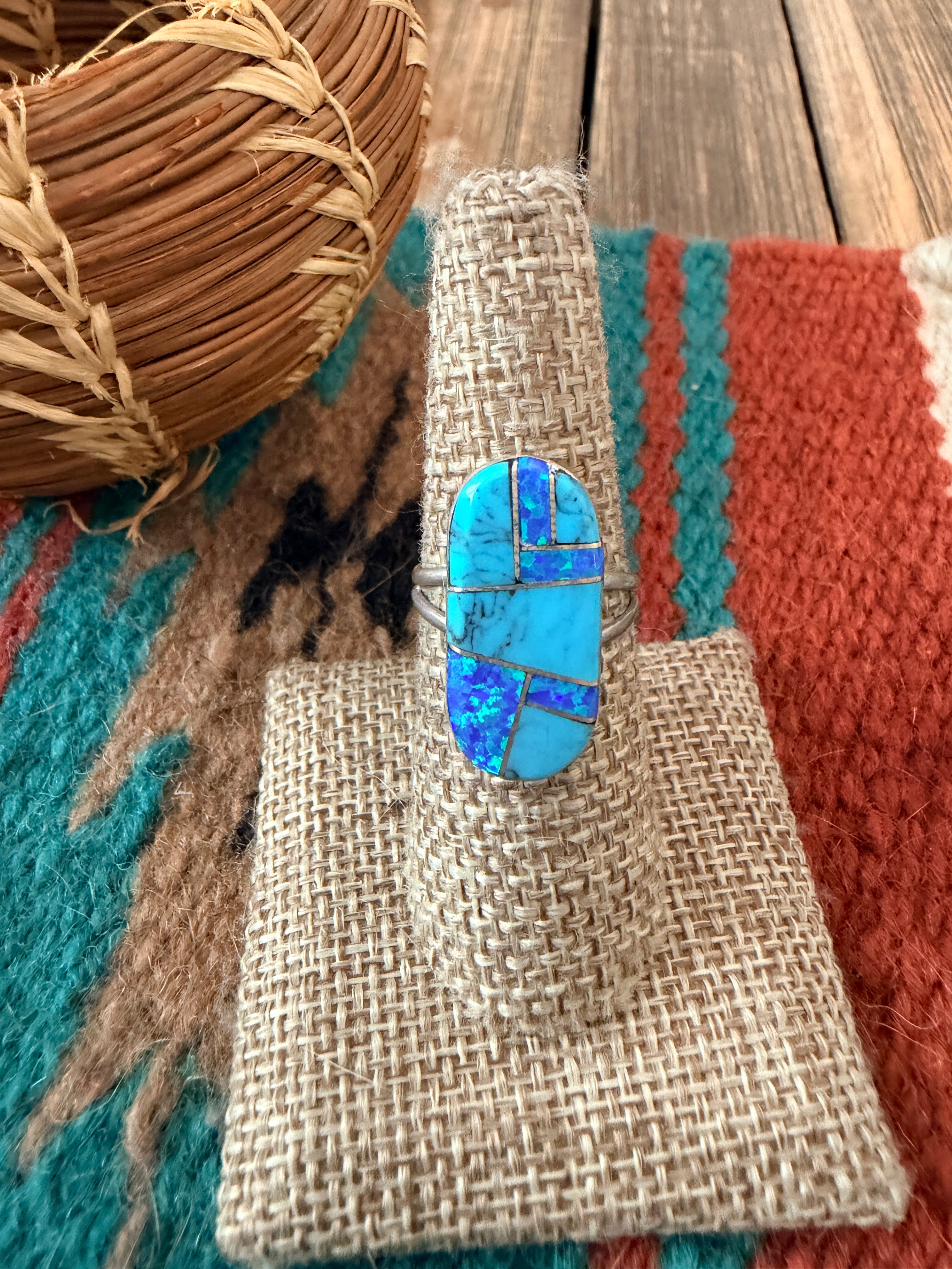 Old Pawn Handcrafted Turquoise, Opal & Sterling Silver Inlay Ring Size 7