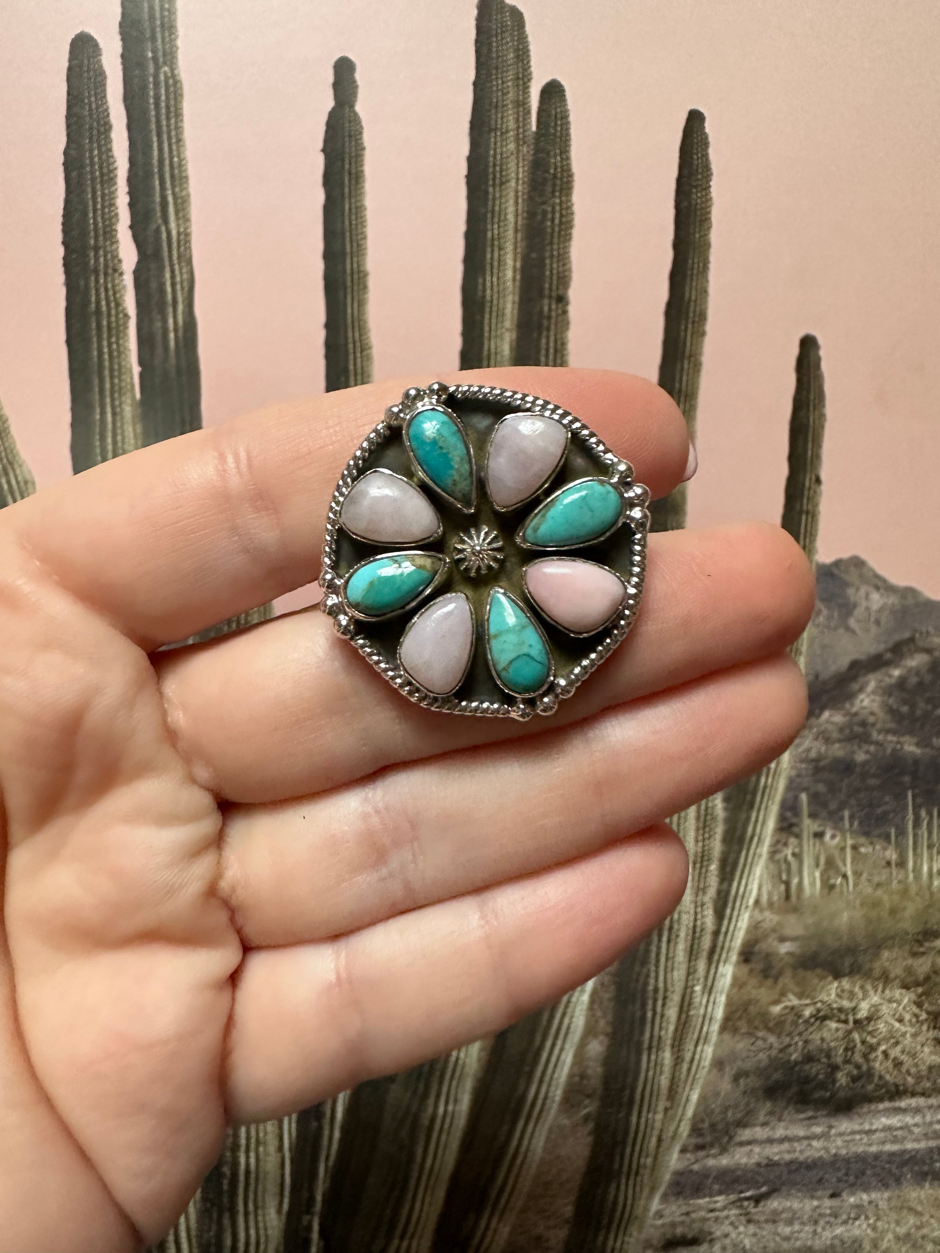 Beautiful Handmade Pink Conch, Turquoise And Sterling Silver Adjustable Circle Ring