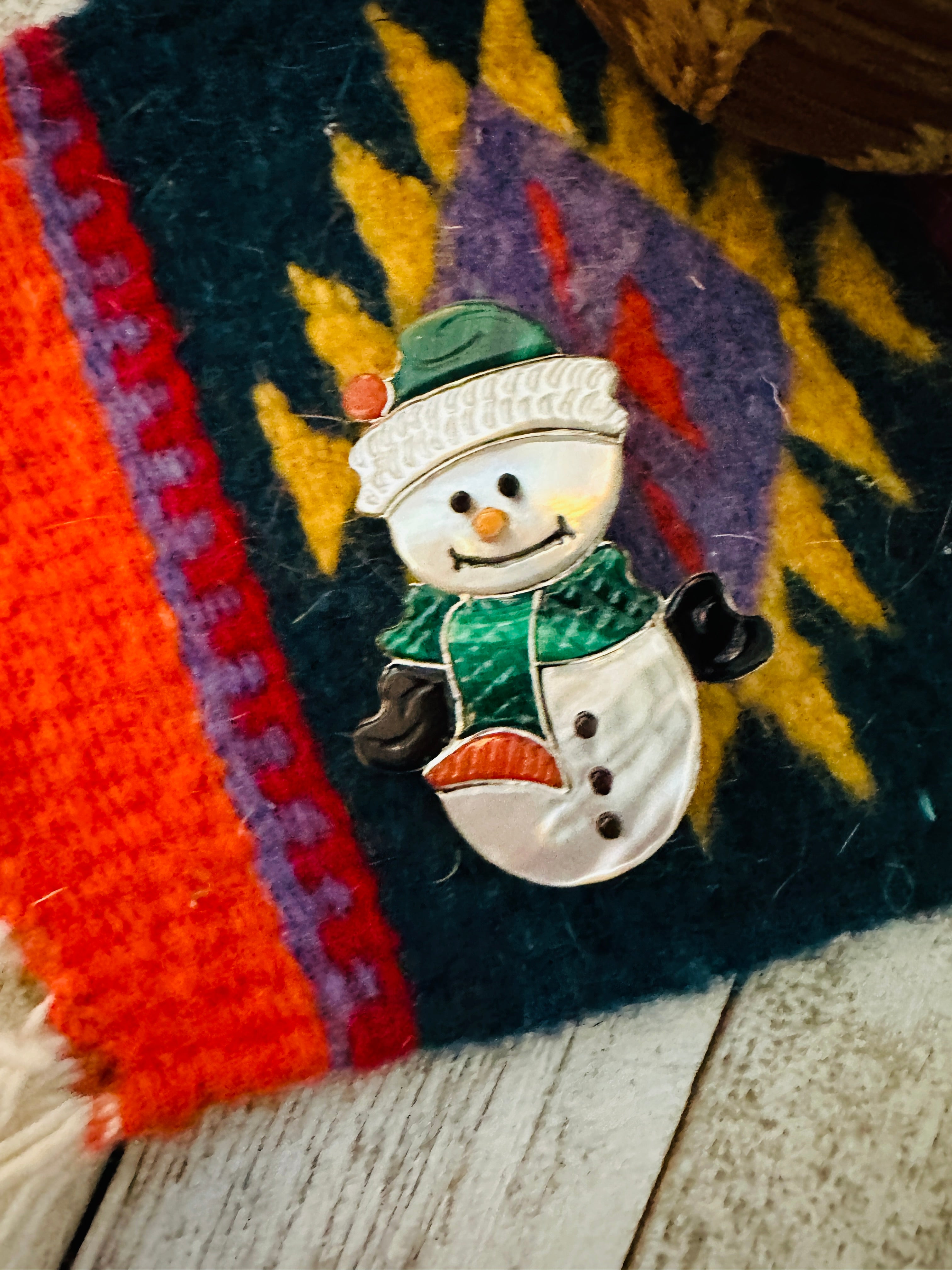 Zuni Multi Stone & Sterling Silver Inlay Snowman Brooch/ Pendant