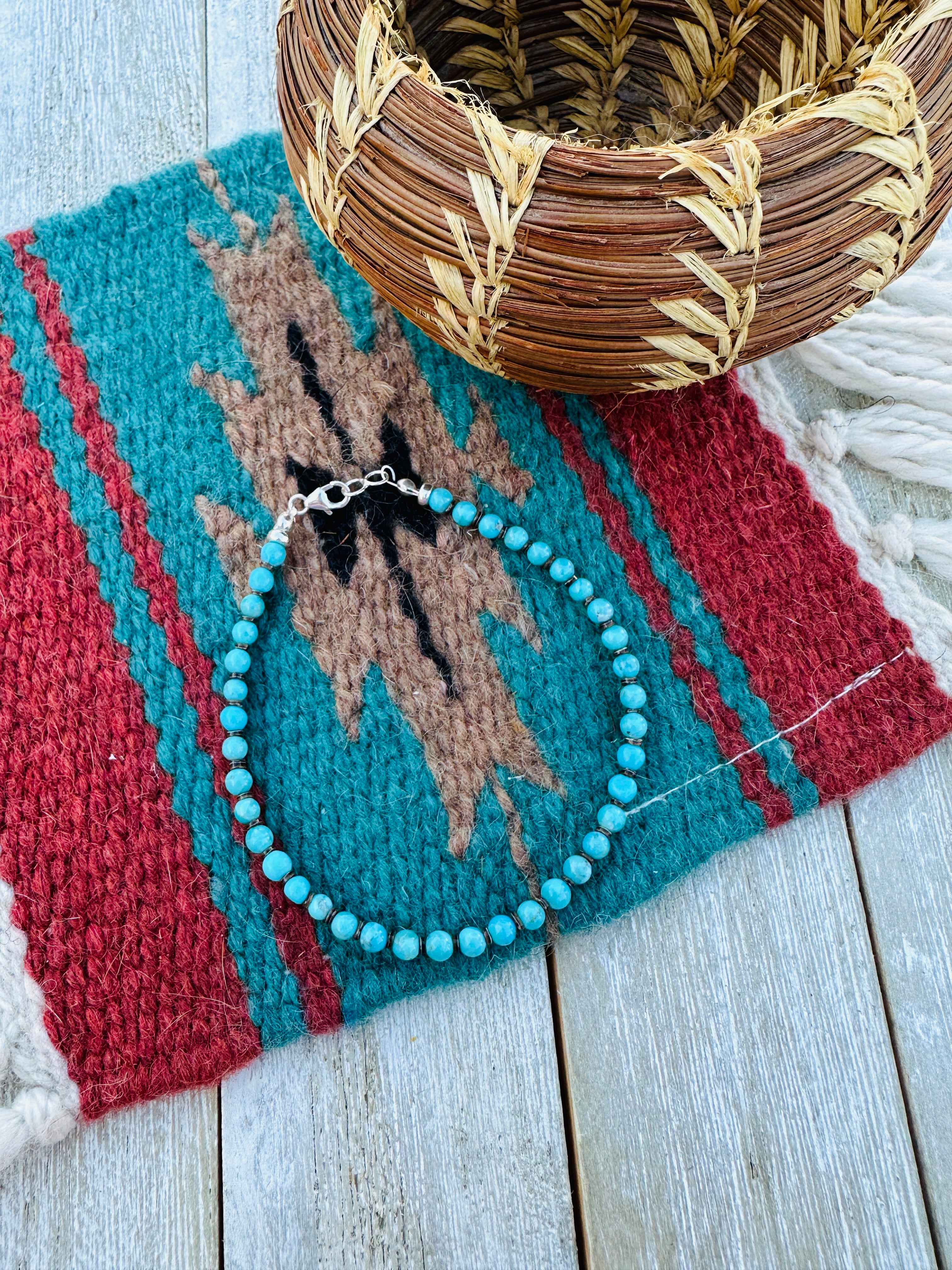 Handcrafted Turquoise & Sterling Silver Beaded Bracelet 7.5"