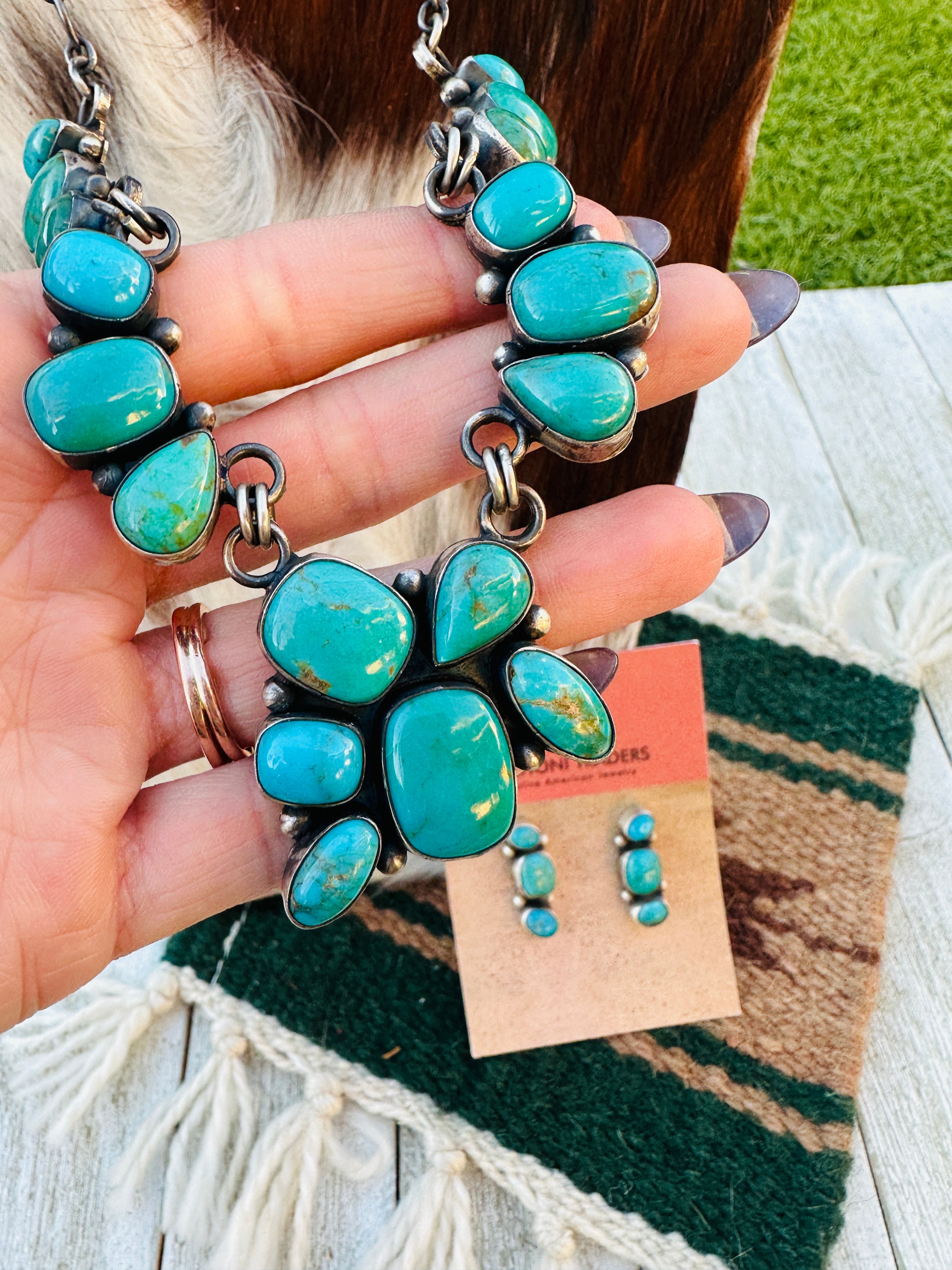 Handcrafted Turquoise & Sterling Silver Necklace and Earring Set by Bea Tom