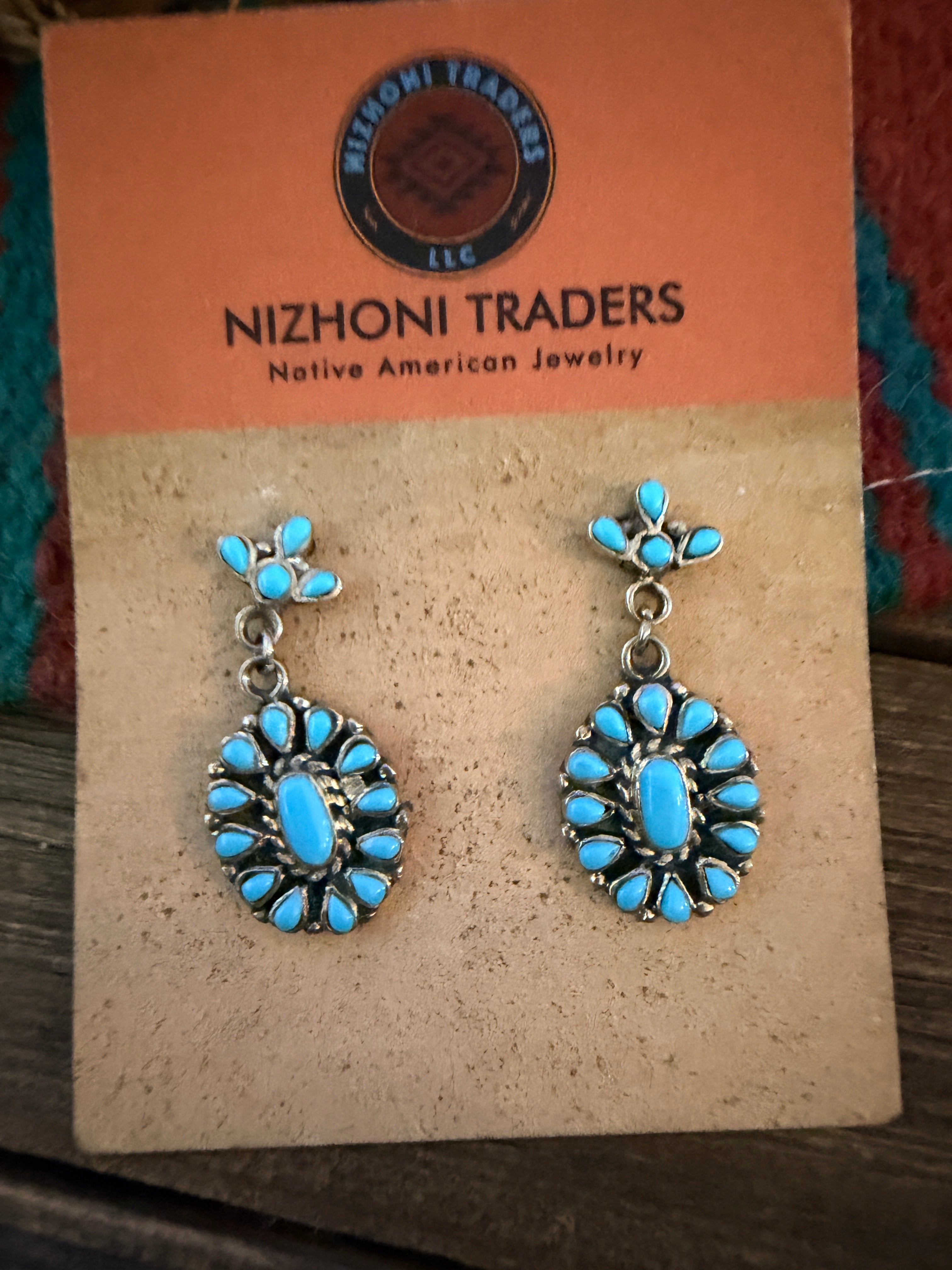 Old Pawn Handcrafted Sterling Silver & Turquoise Cluster Dangle Earrings