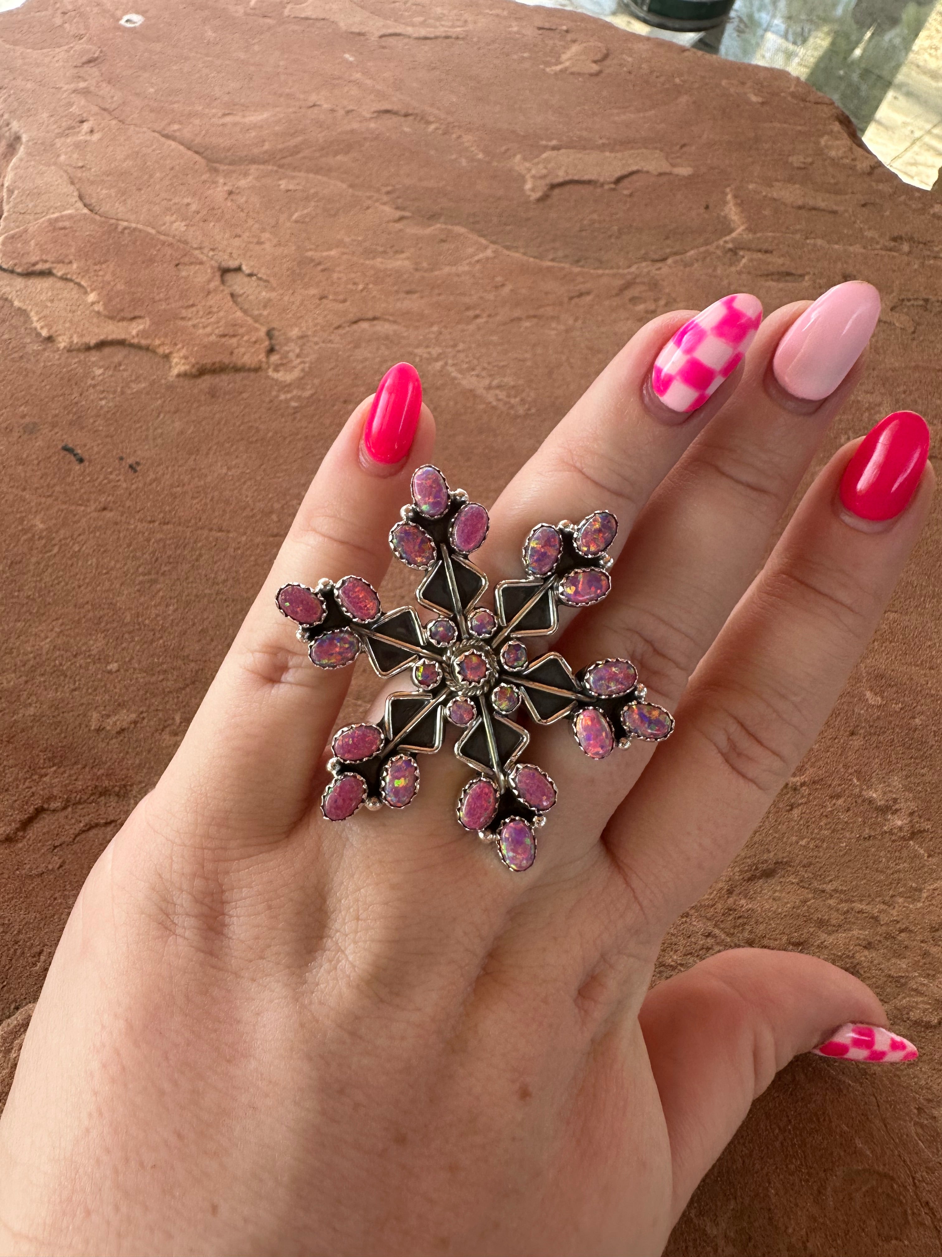 Beautiful Handmade Pink Fire Opal And Sterling Silver Adjustable Snowflake Ring