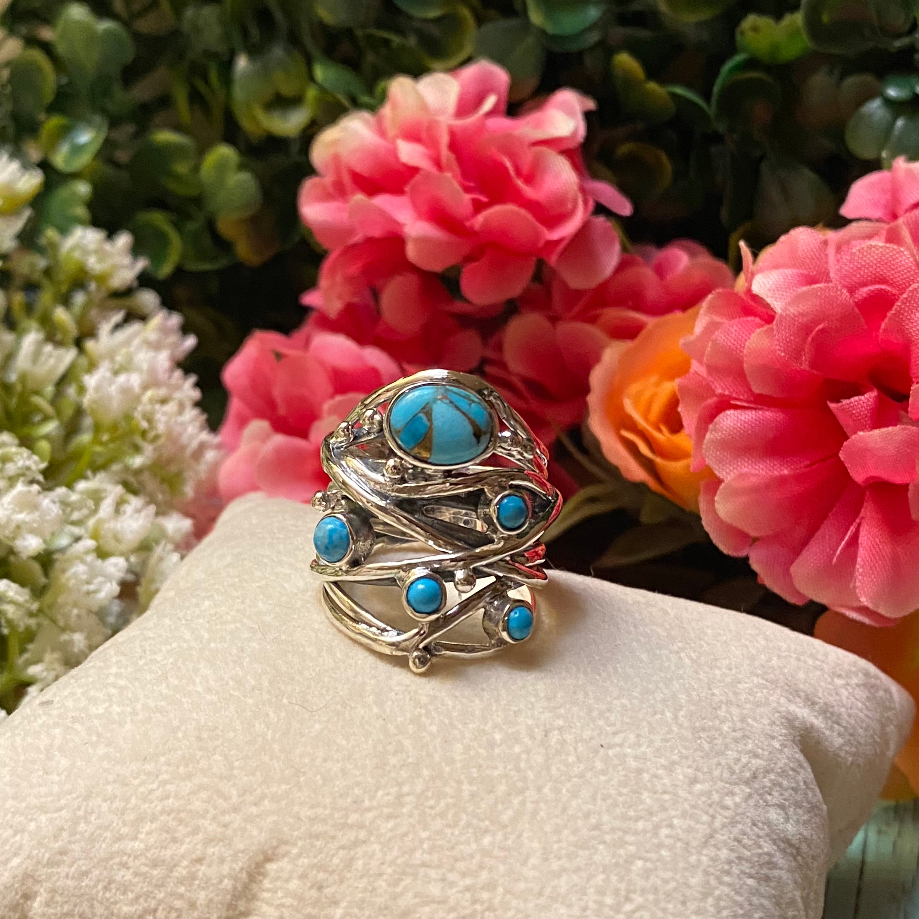 Sterling Silver Five Stone Copper Turquoise Strand Ring Size 8