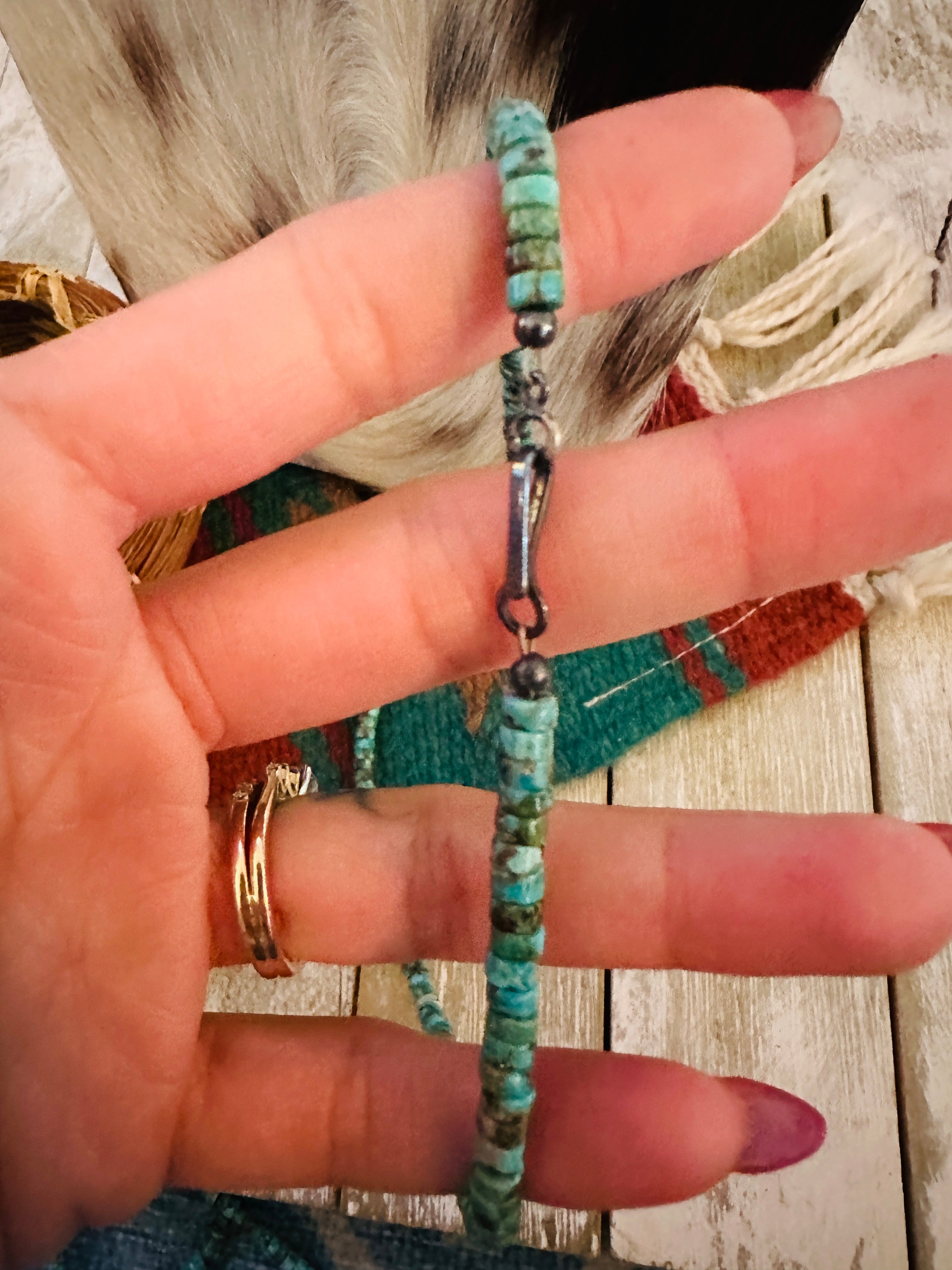 Handcrafted Turquoise & Sterling Silver Beaded Necklace 16”