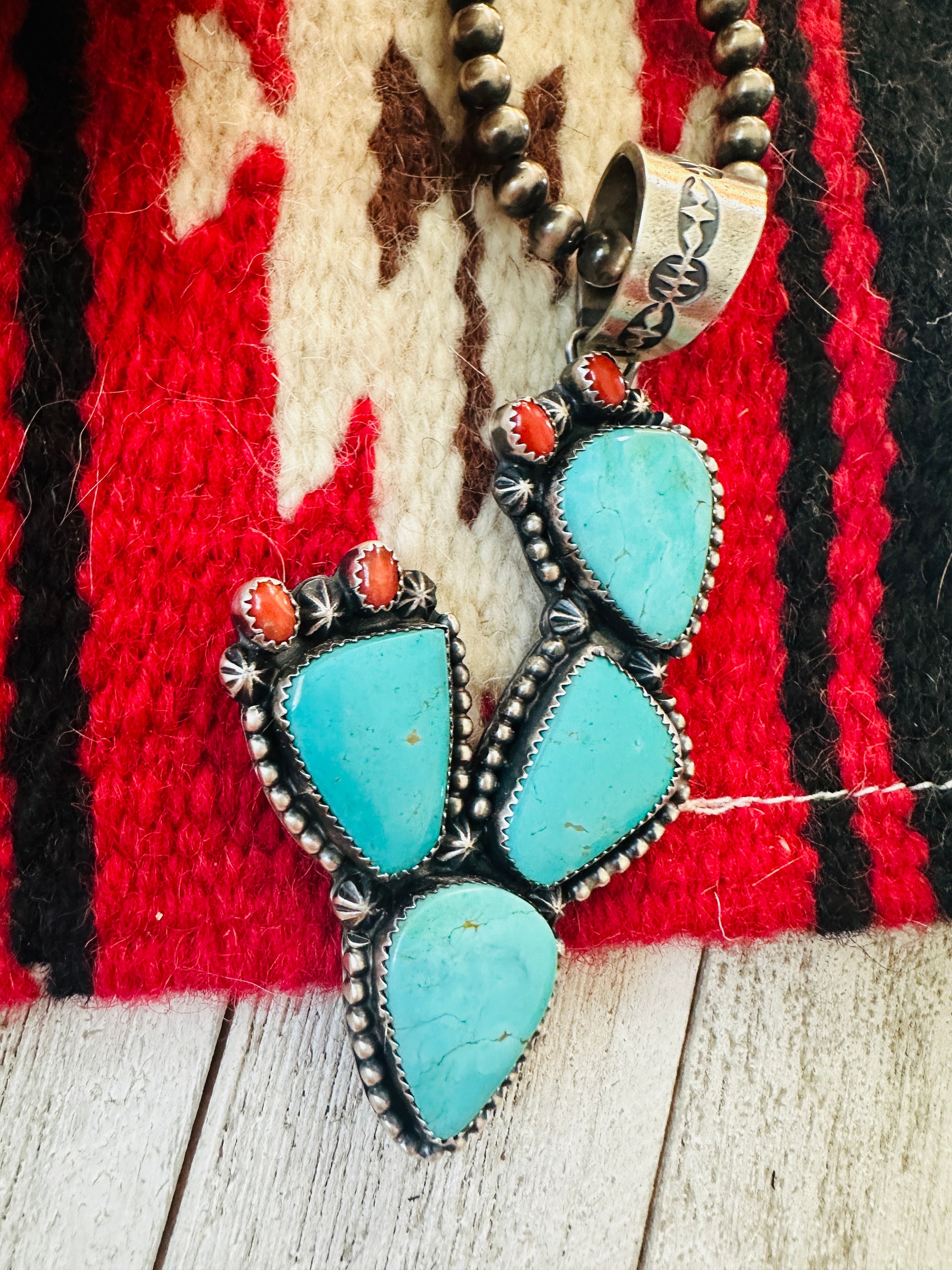 Navajo Turquoise, Coral and Sterling Silver Cactus Pendant