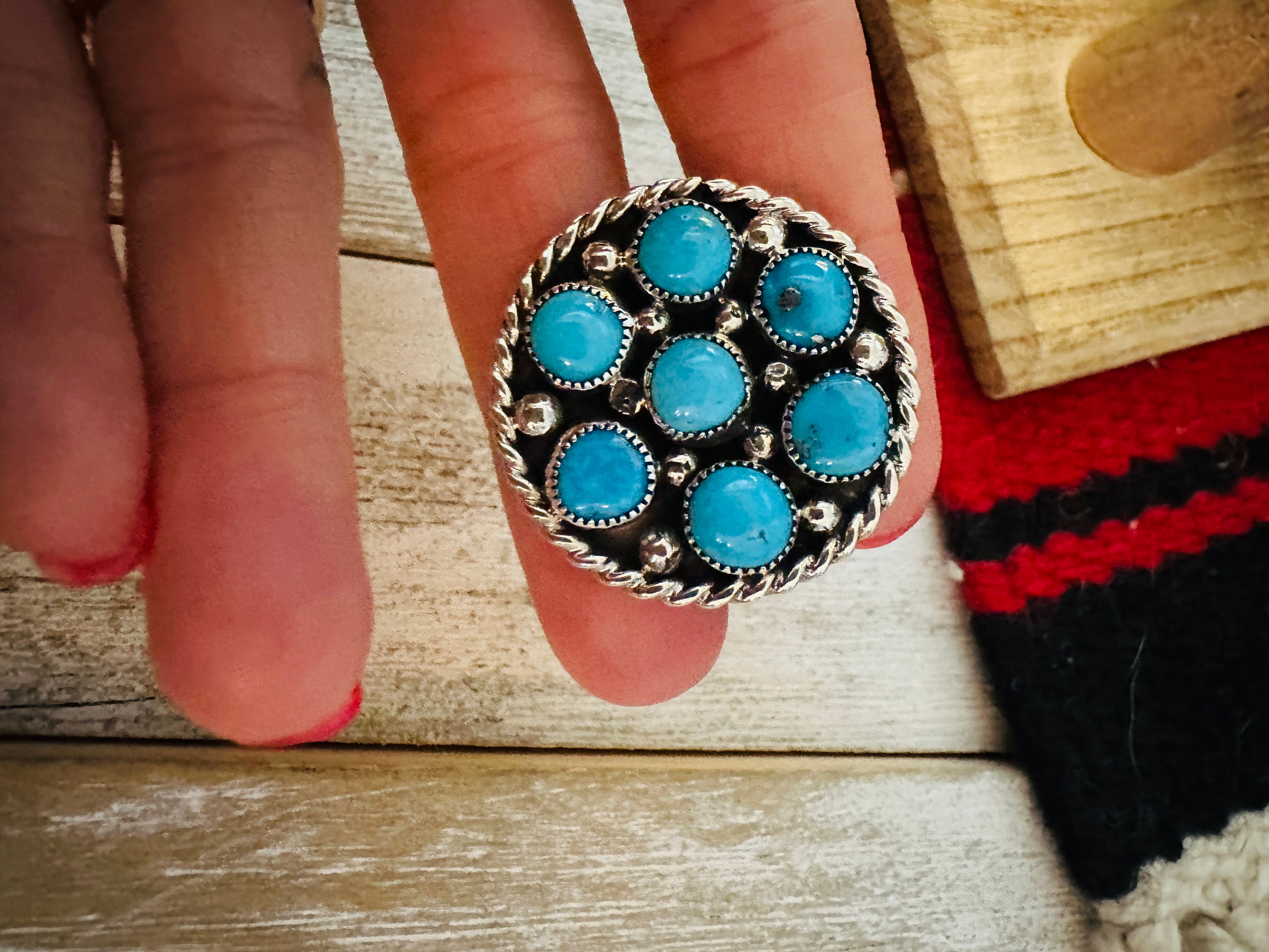 Navajo Sterling Silver & Kingman Turquoise Cluster Adjustable Ring