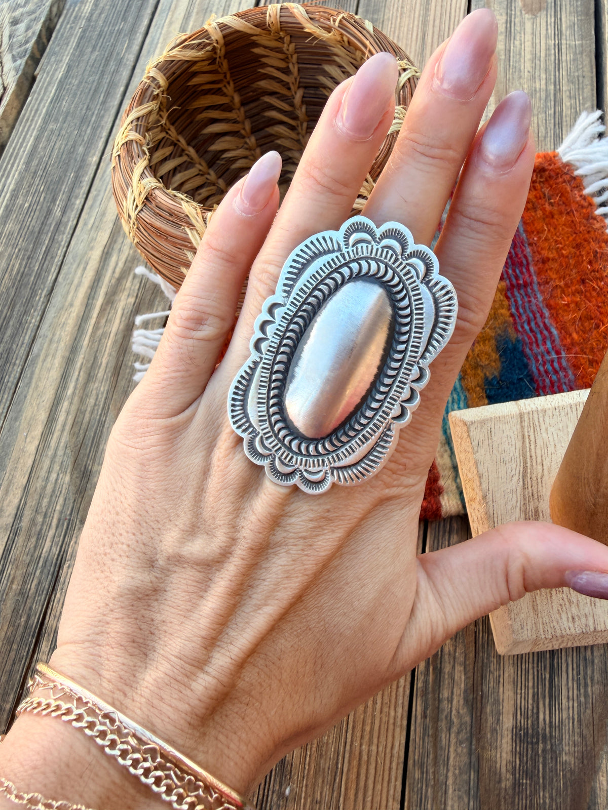 Handcrafted Sterling Silver Adjustable Concho Ring by Leander Tahe