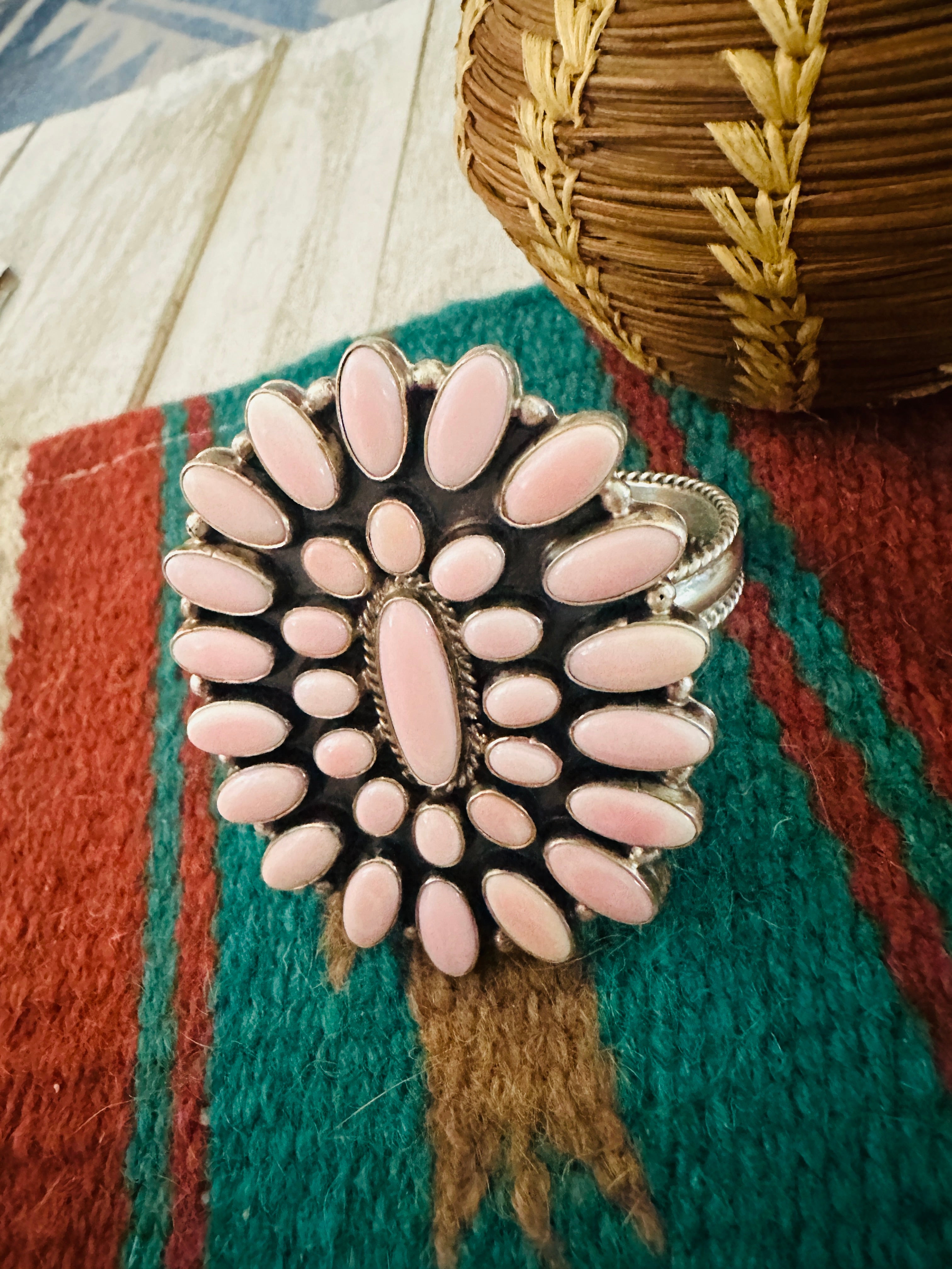 Navajo Queen Pink Conch Shell & Sterling Silver Cluster Cuff Bracelet