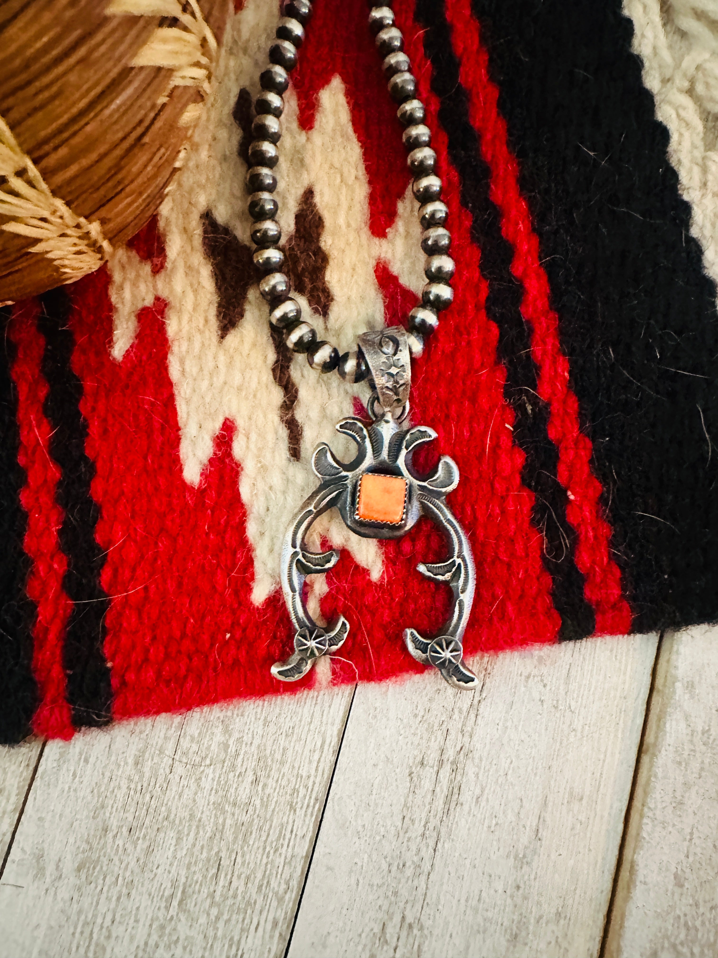 Navajo Sterling Silver & Orange Spiny Naja Pendant by Kevin Billah