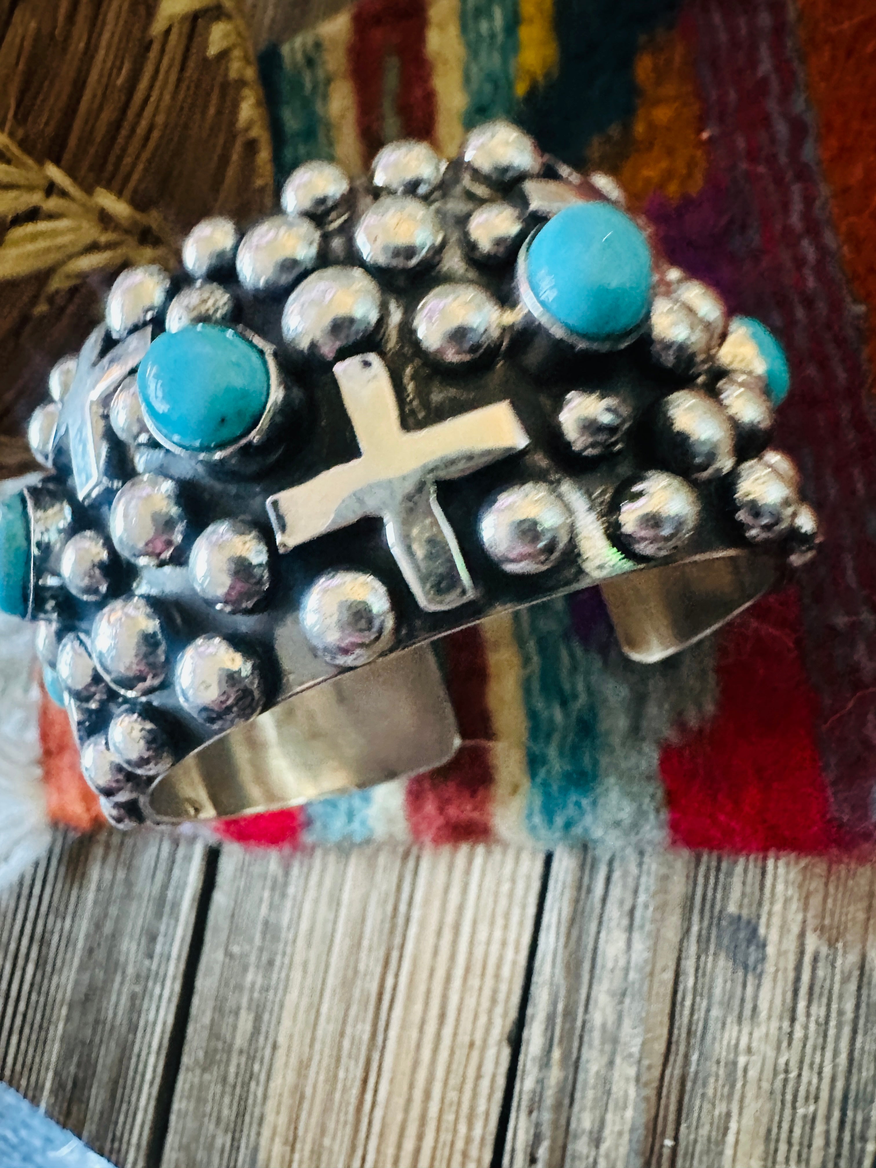 Handcrafted Turquoise & Sterling Silver Cross Cuff Bracelet By Chimney Butte