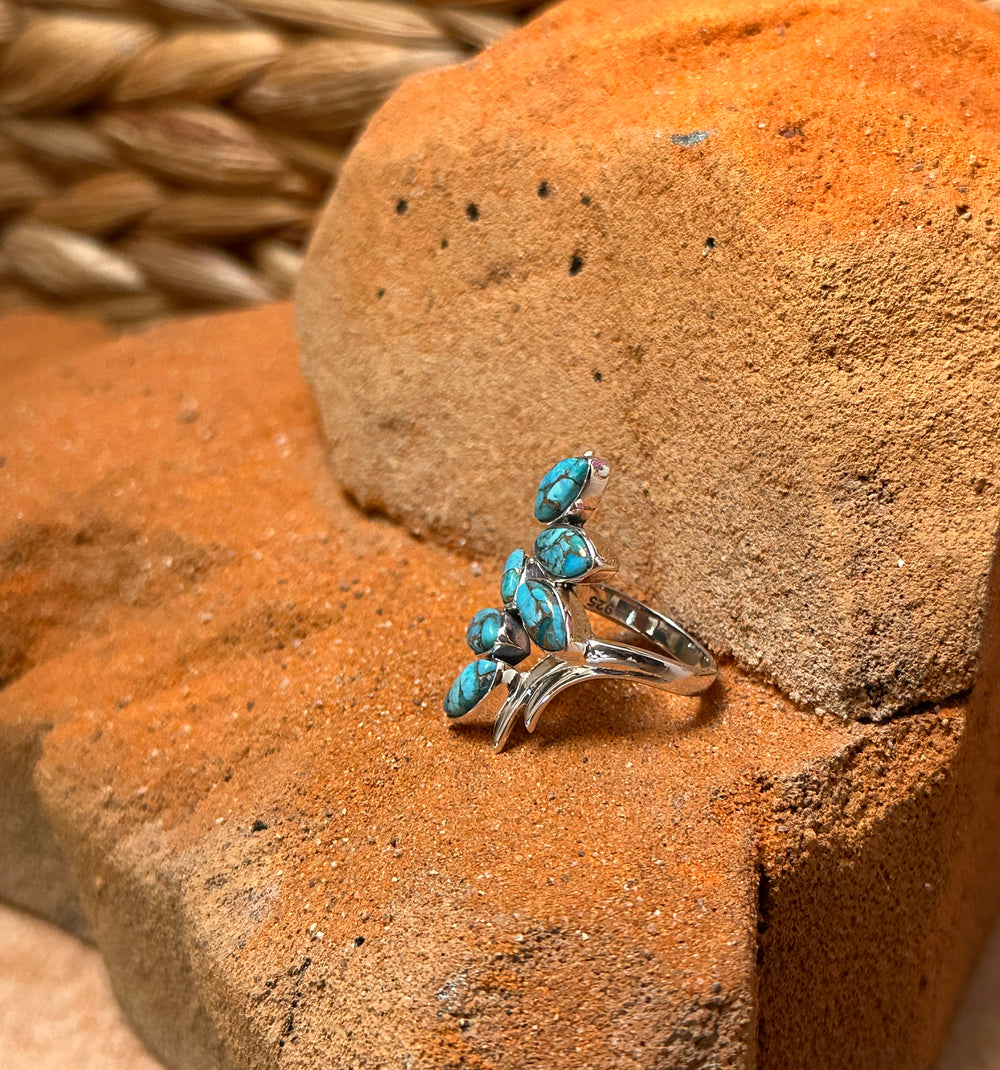 Sterling Silver Six Leaf Copper Turquoise Ring Size 6.5