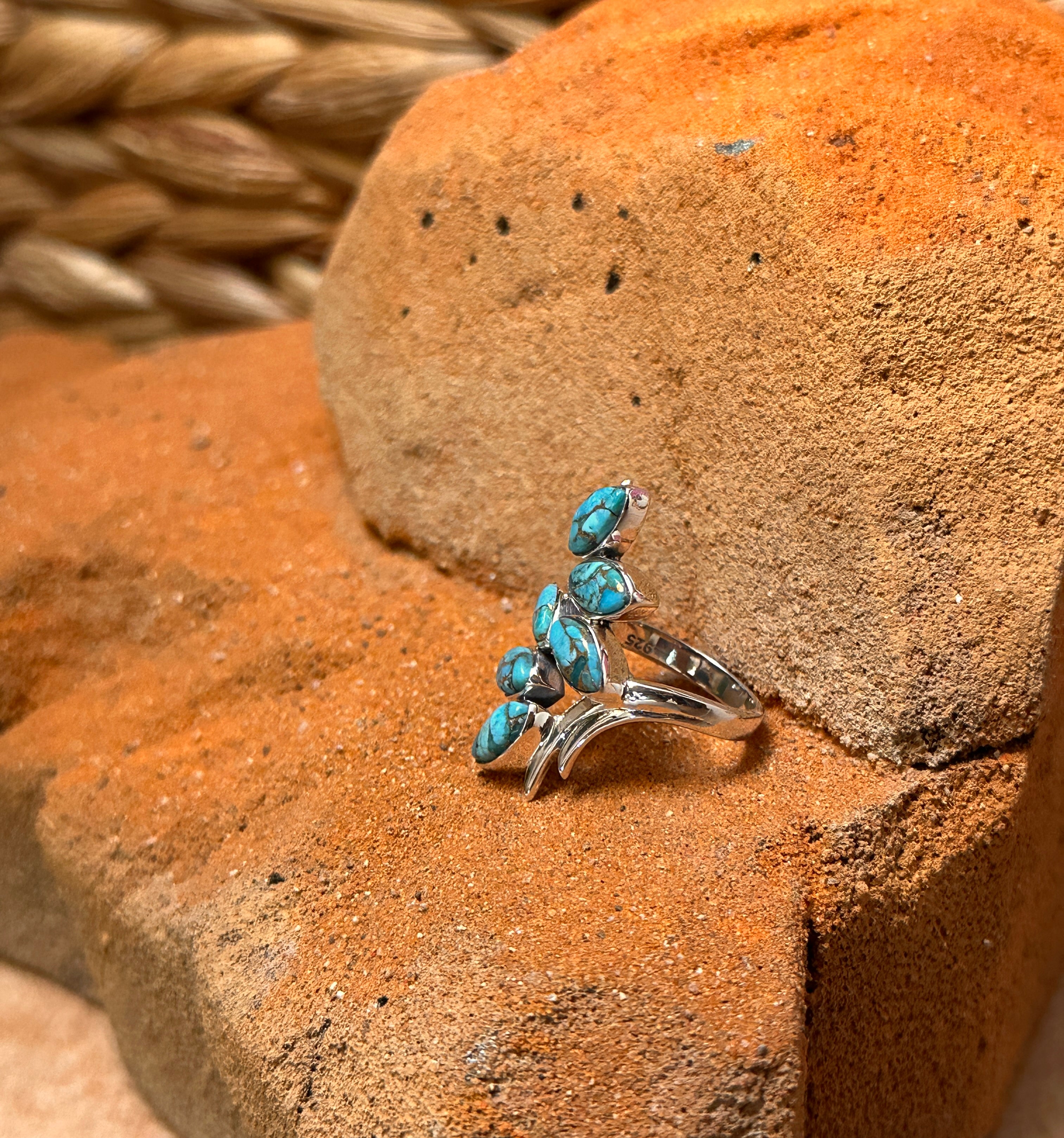 Sterling Silver Six Leaf Copper Turquoise Ring Size 6.5