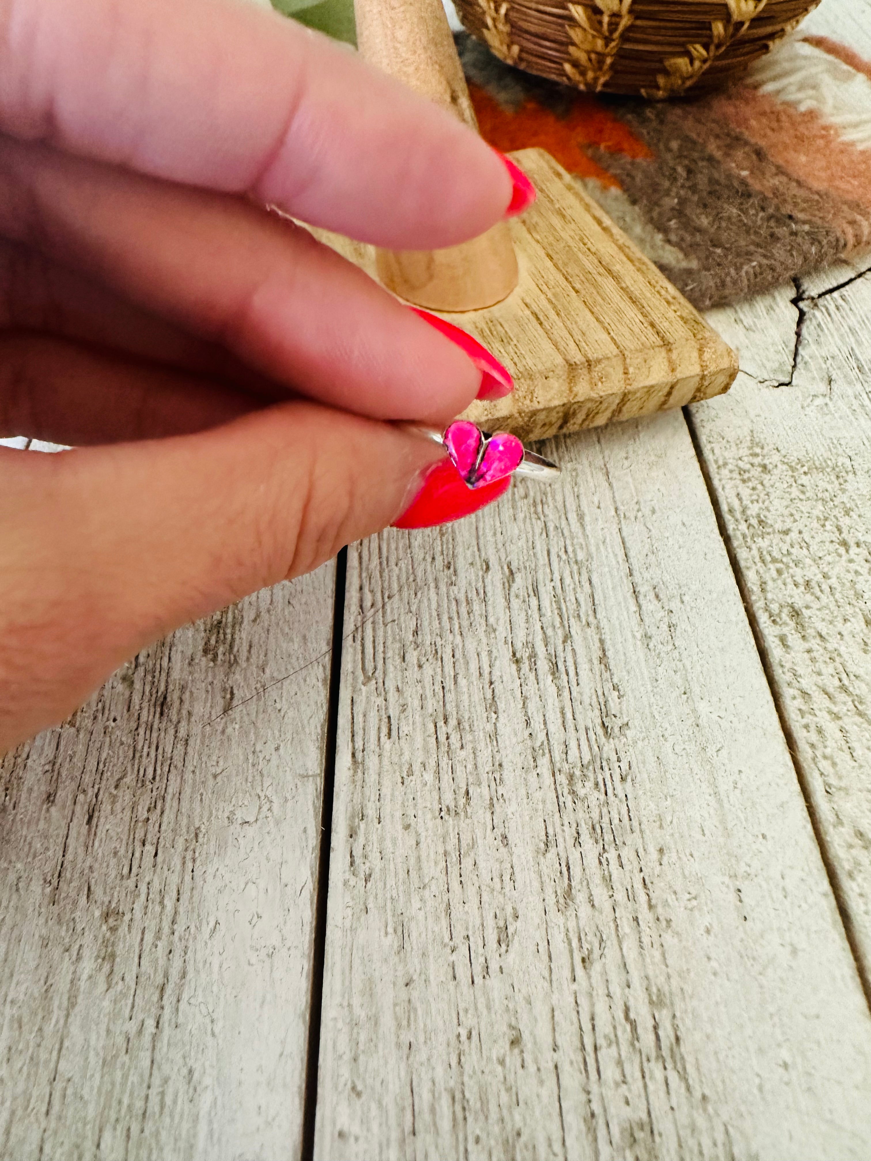 Zuni Sterling Silver & Pink Opal Inlay Heart Ring