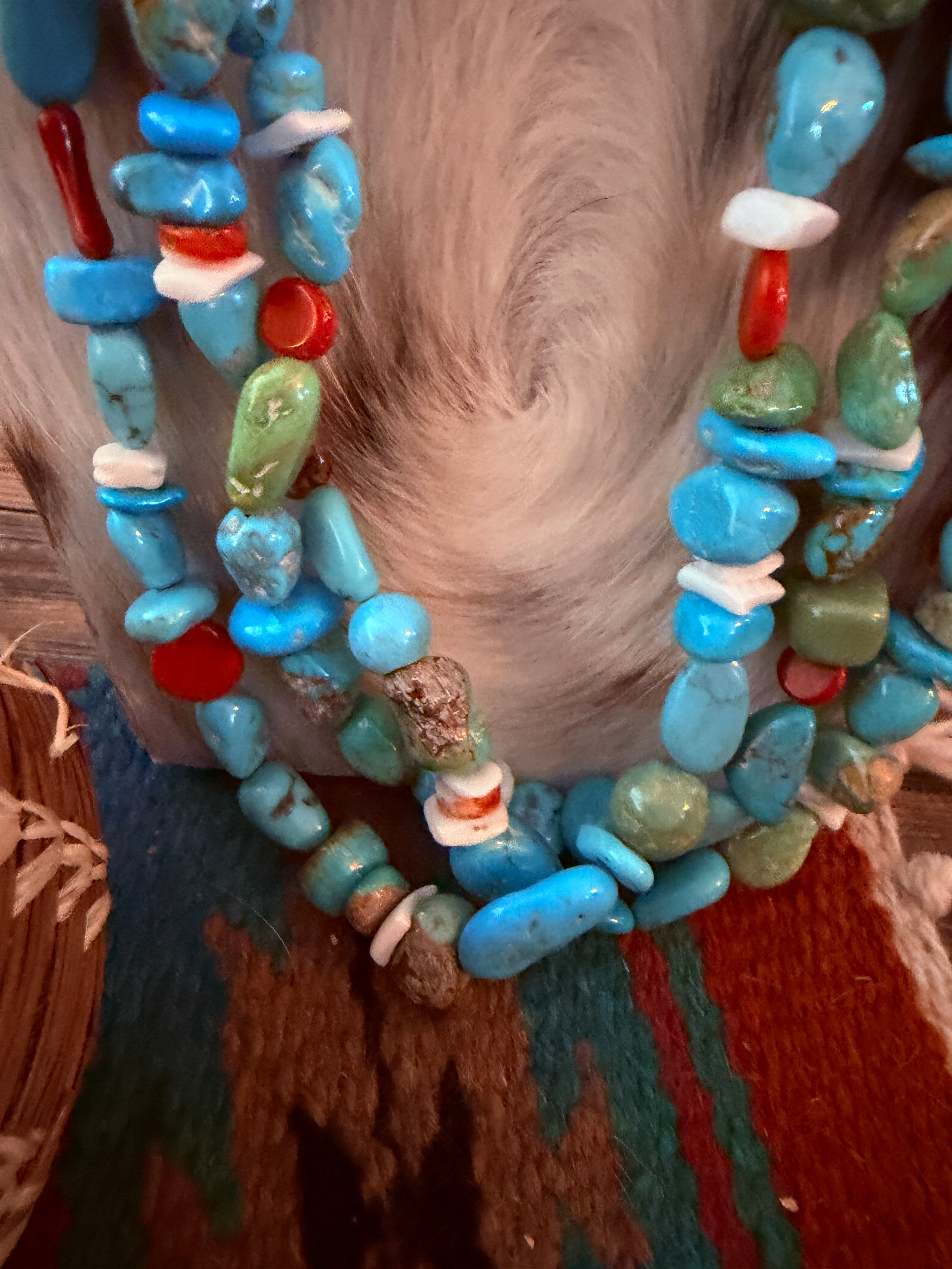 Old Pawn Handcrafted Turquoise, Coral & Shell Beaded 30” Necklace