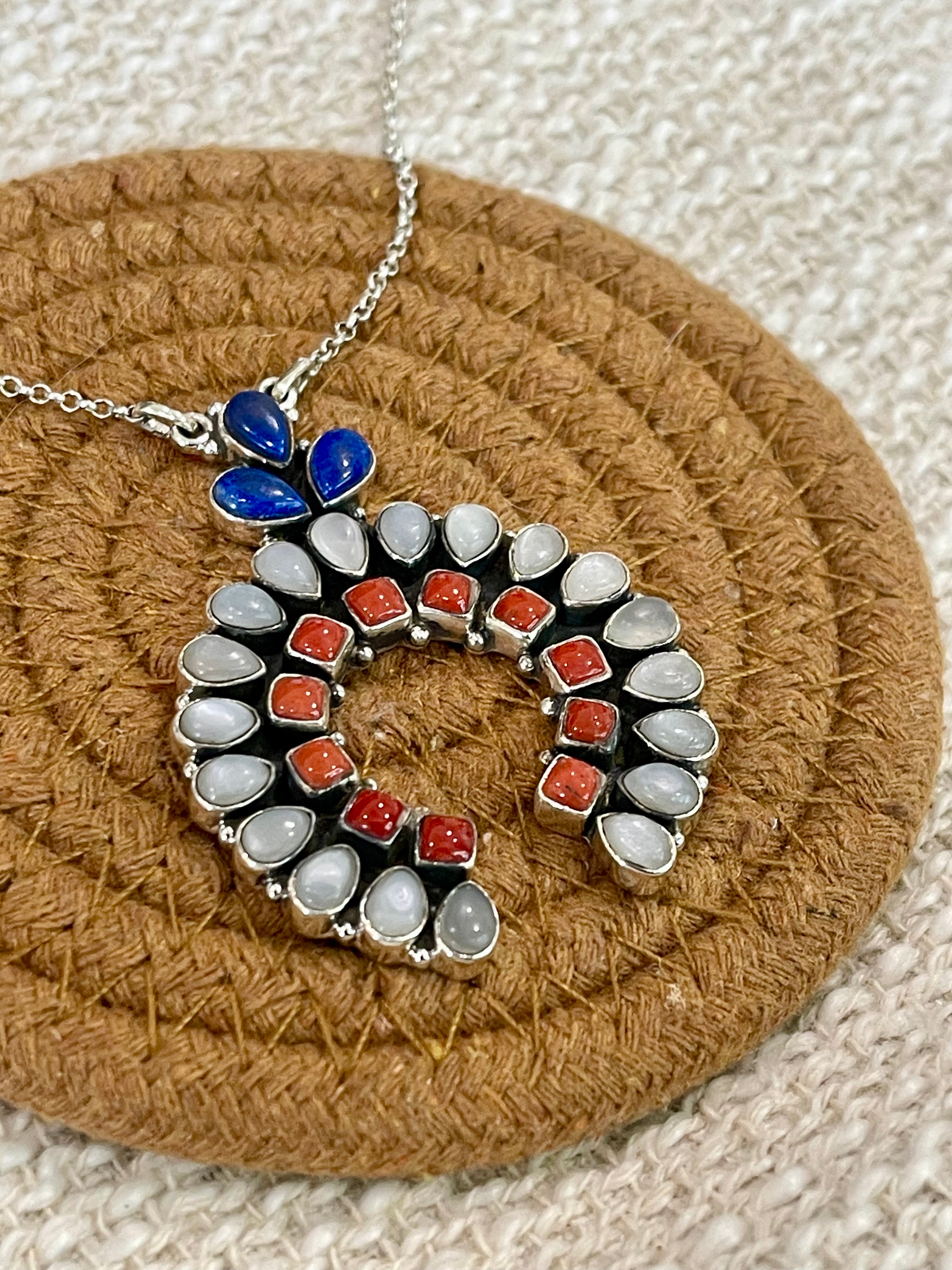 ** 4TH OF JULY ** Handmade Sterling Silver Synthetic Opal Necklace with Signed Nizhoni