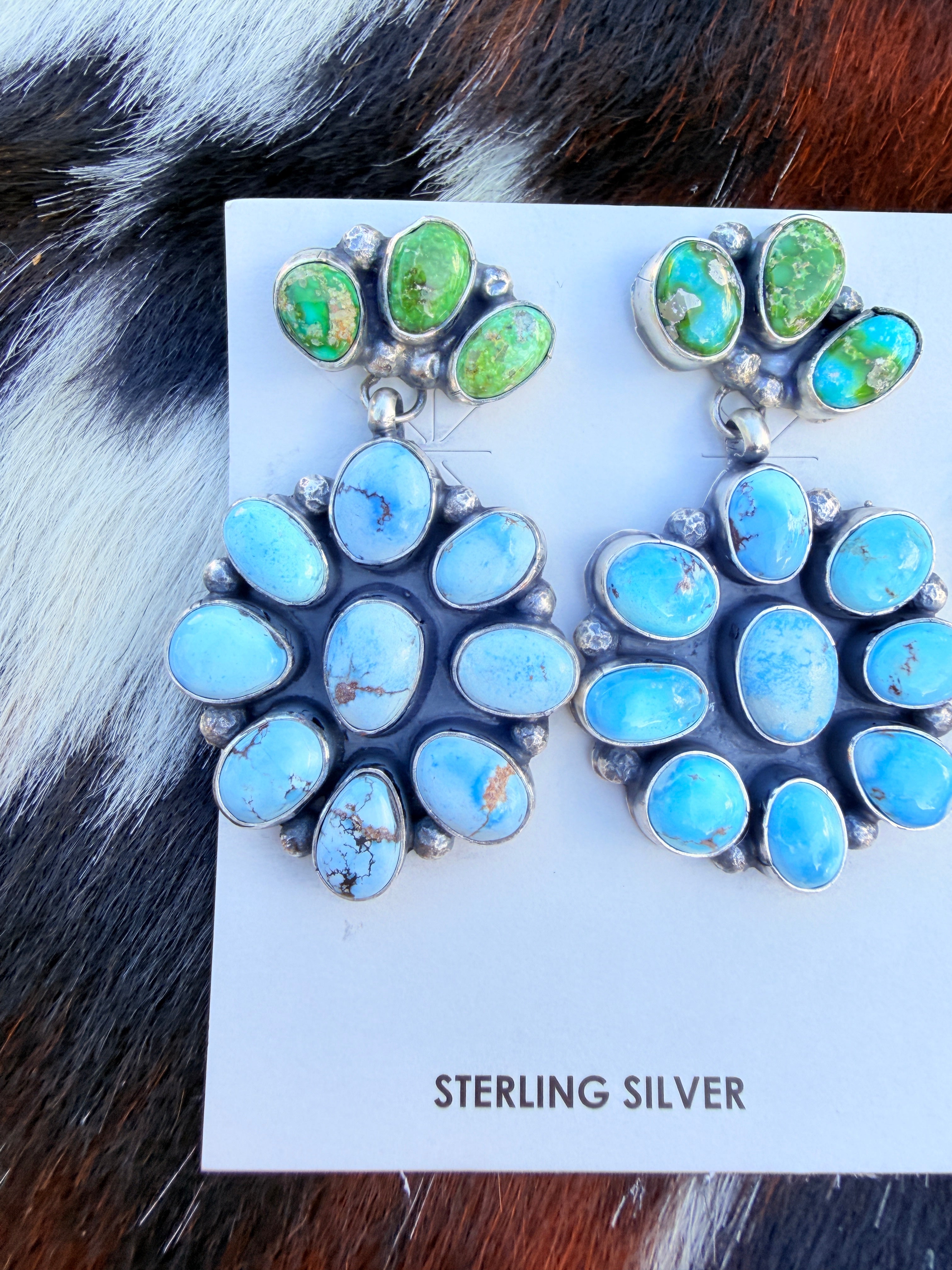 Handcrafted Multi Turquoise & Sterling Silver Cluster Dangle Earrings