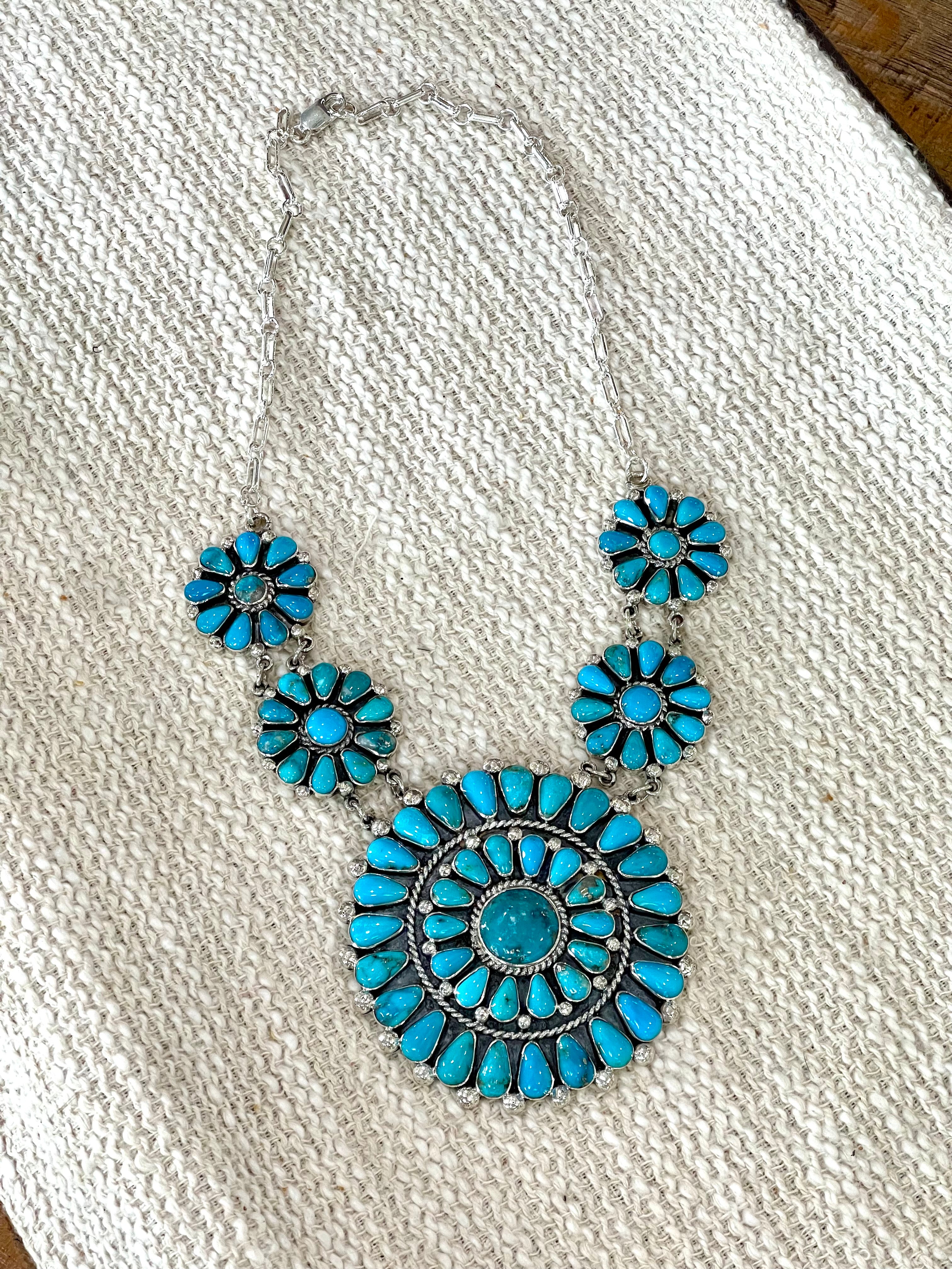 Gorgeous Handmade Turquoise & Sterling Silver Cluster Necklace