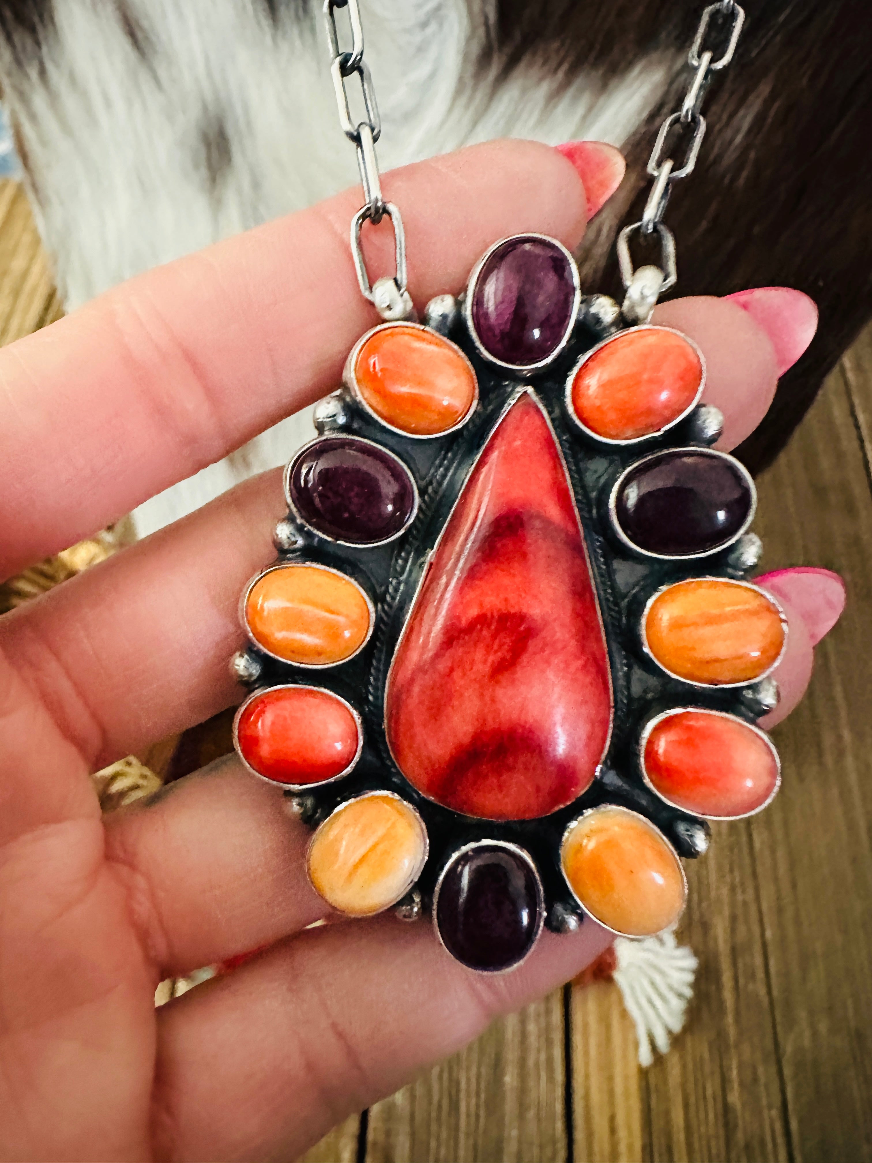 Handcrafted Multicolor Spiny Oyster & Sterling Silver Cluster Necklace by Sheila Becenti