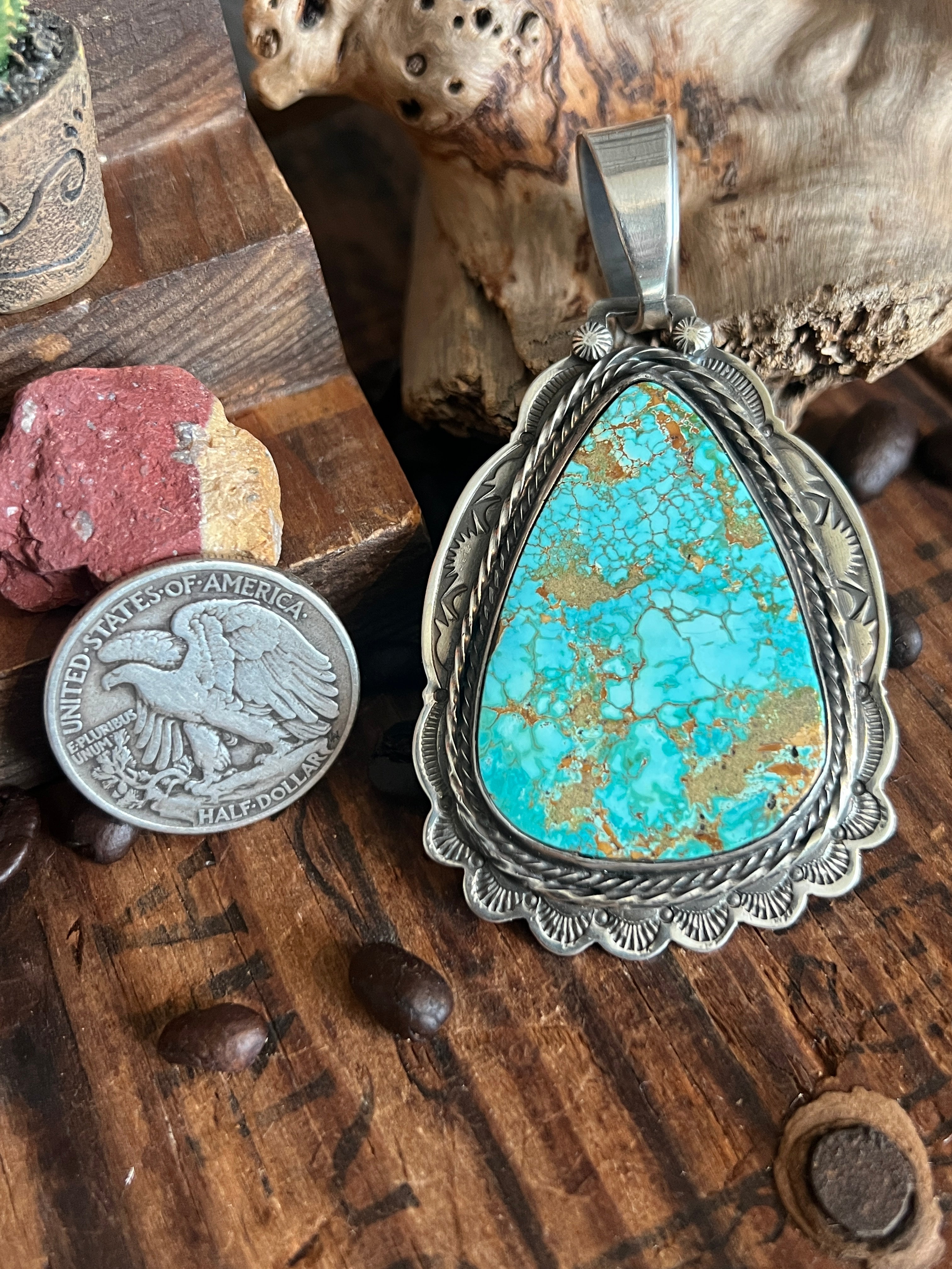 Hand Stamped Sterling Silver & Royston Turquoise Pendant by Kimari Somers
