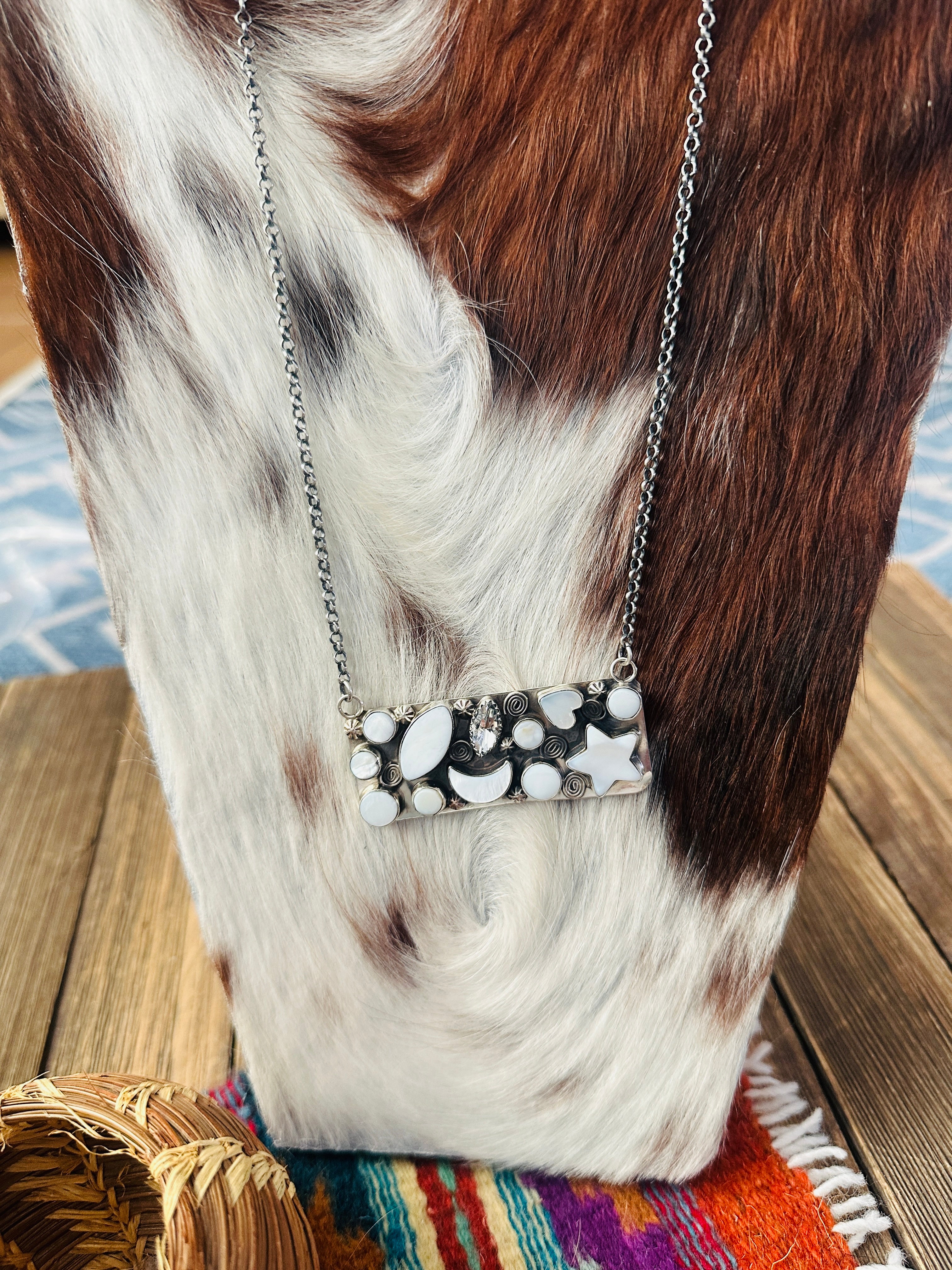 Handcrafted Mother of Pearl, CZ & Sterling Silver Bar Necklace by Jacqueline Silver