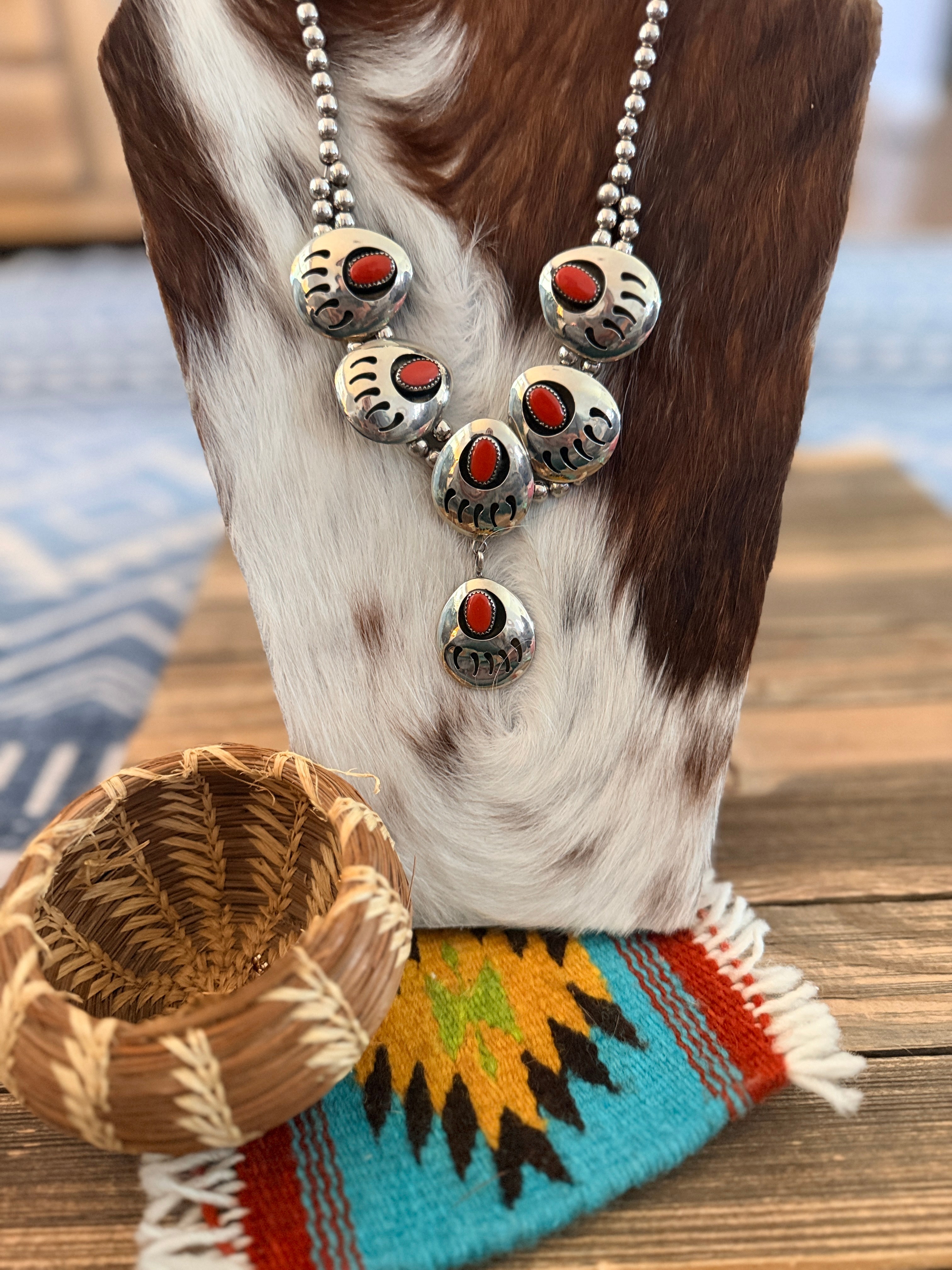 Old Pawn Handcrafted Coral and Nickel Bead Paw Necklace