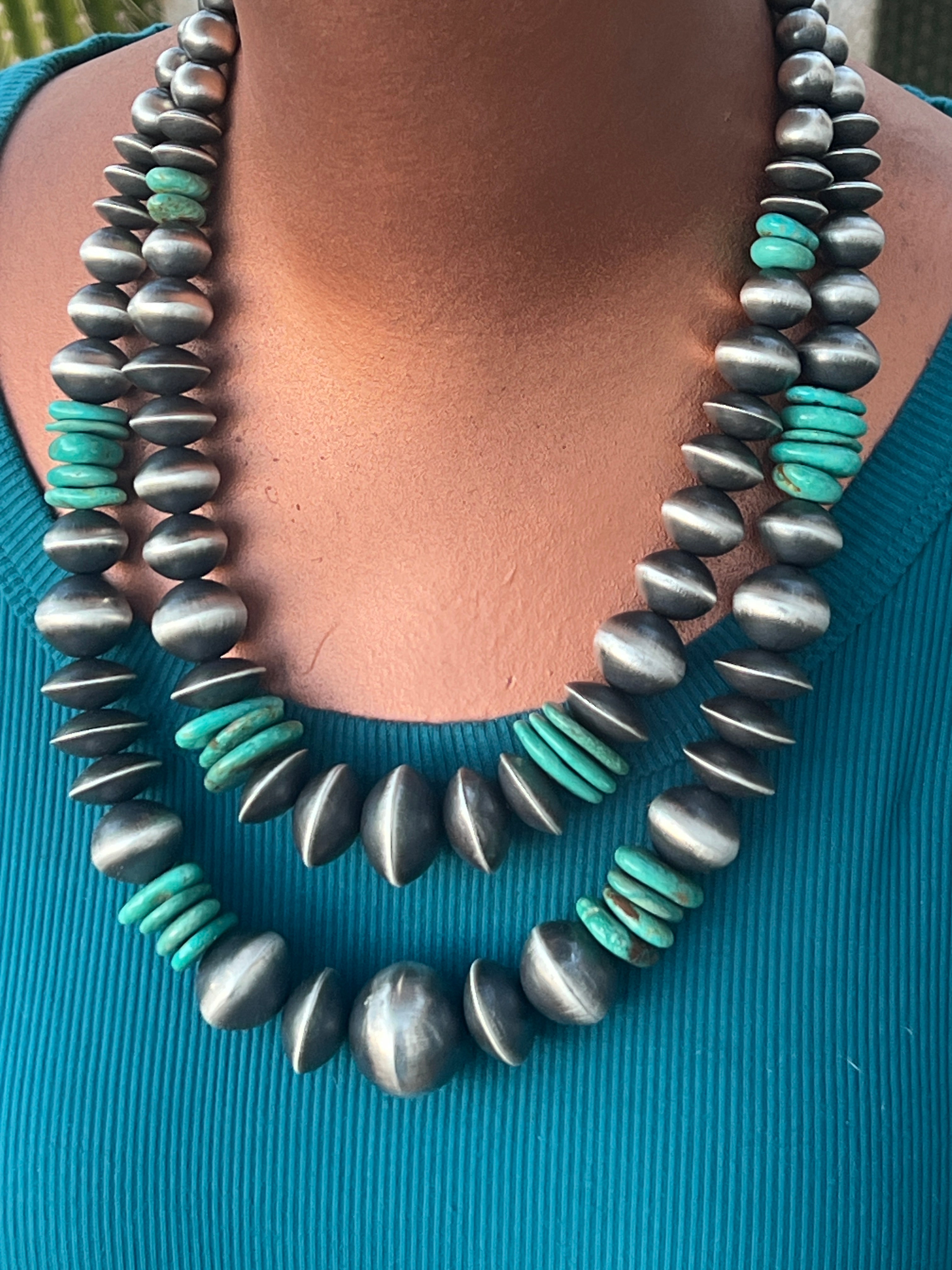 Handcrafted Chunky Sterling Silver and Kingman Turquoise Beaded Necklace by Rose Martin, 19 and 22 inches