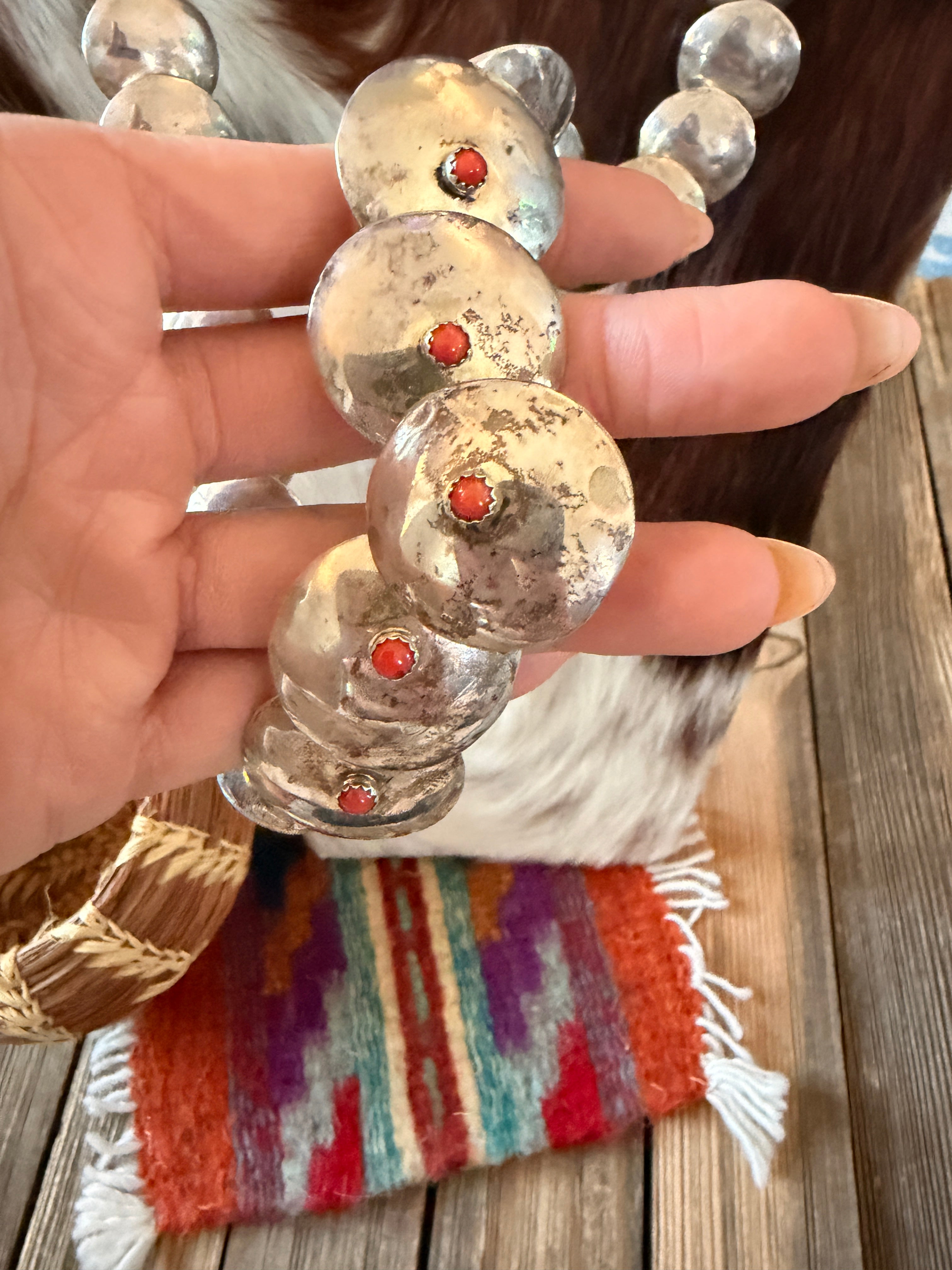 Old Pawn Handcrafted Coral and Sterling Silver Pillow Bead Necklace