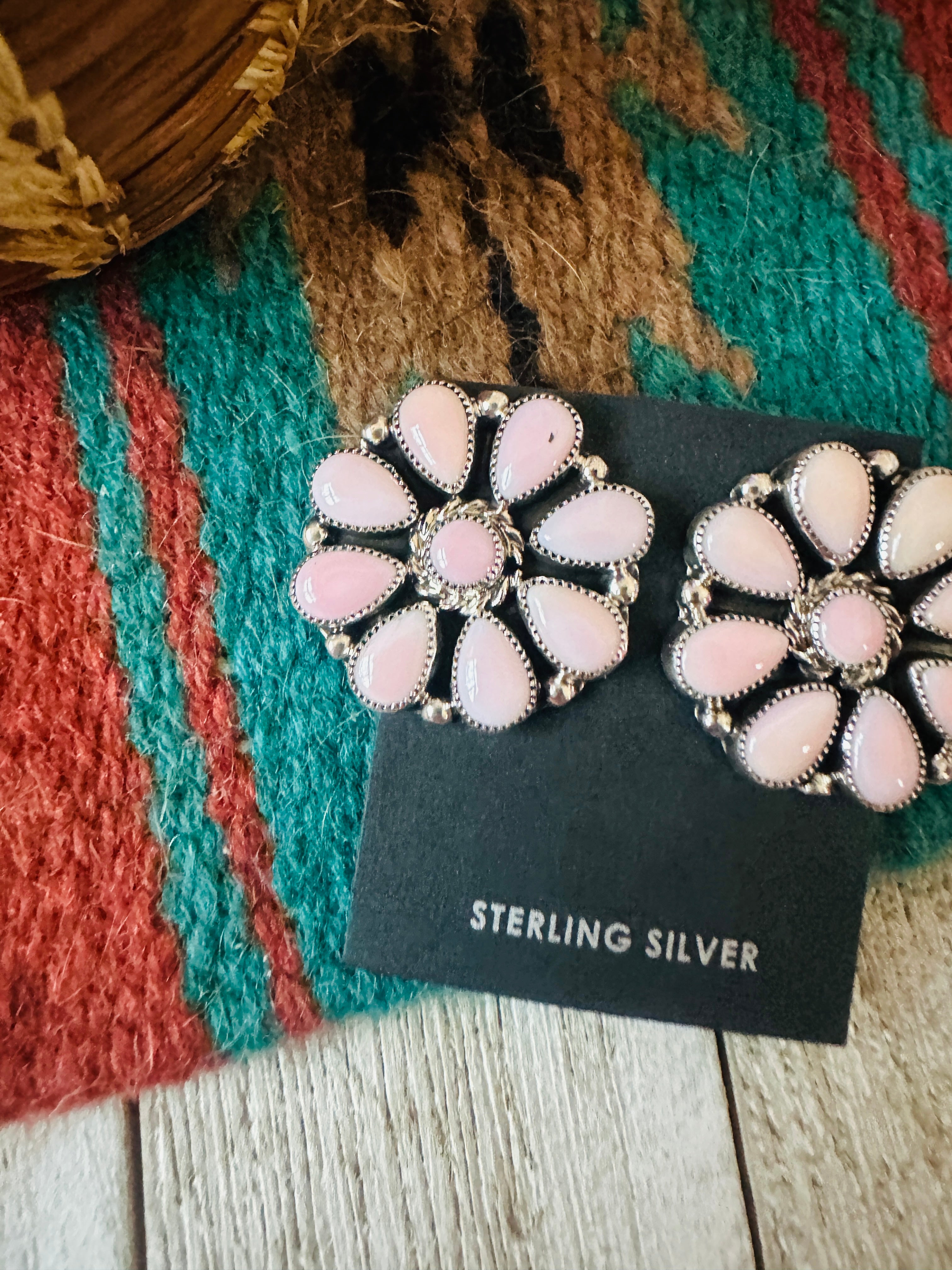 Handcrafted Queen Pink Conch & Sterling Silver Cluster Post Earrings