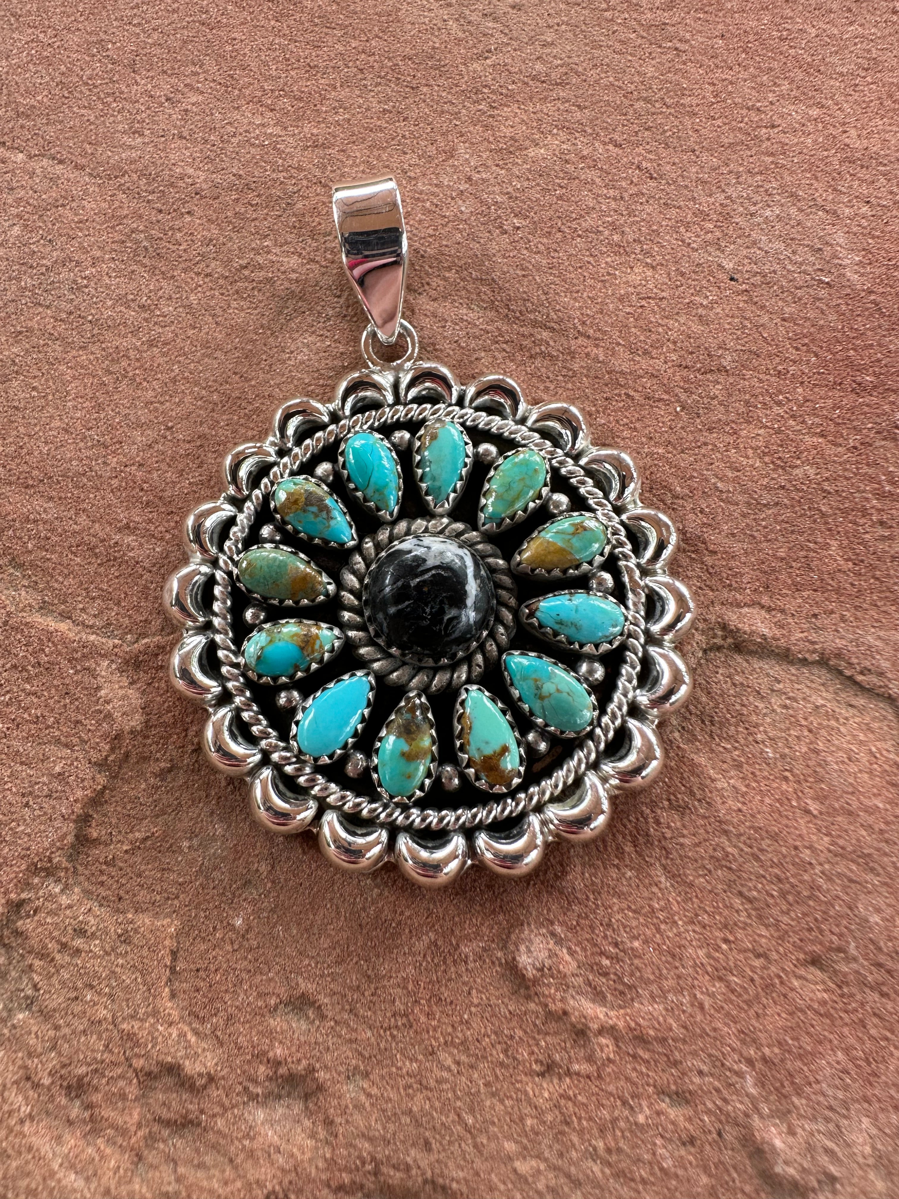 Beautiful Handmade Sterling Silver, White Buffalo & Turquoise Cluster Pendant