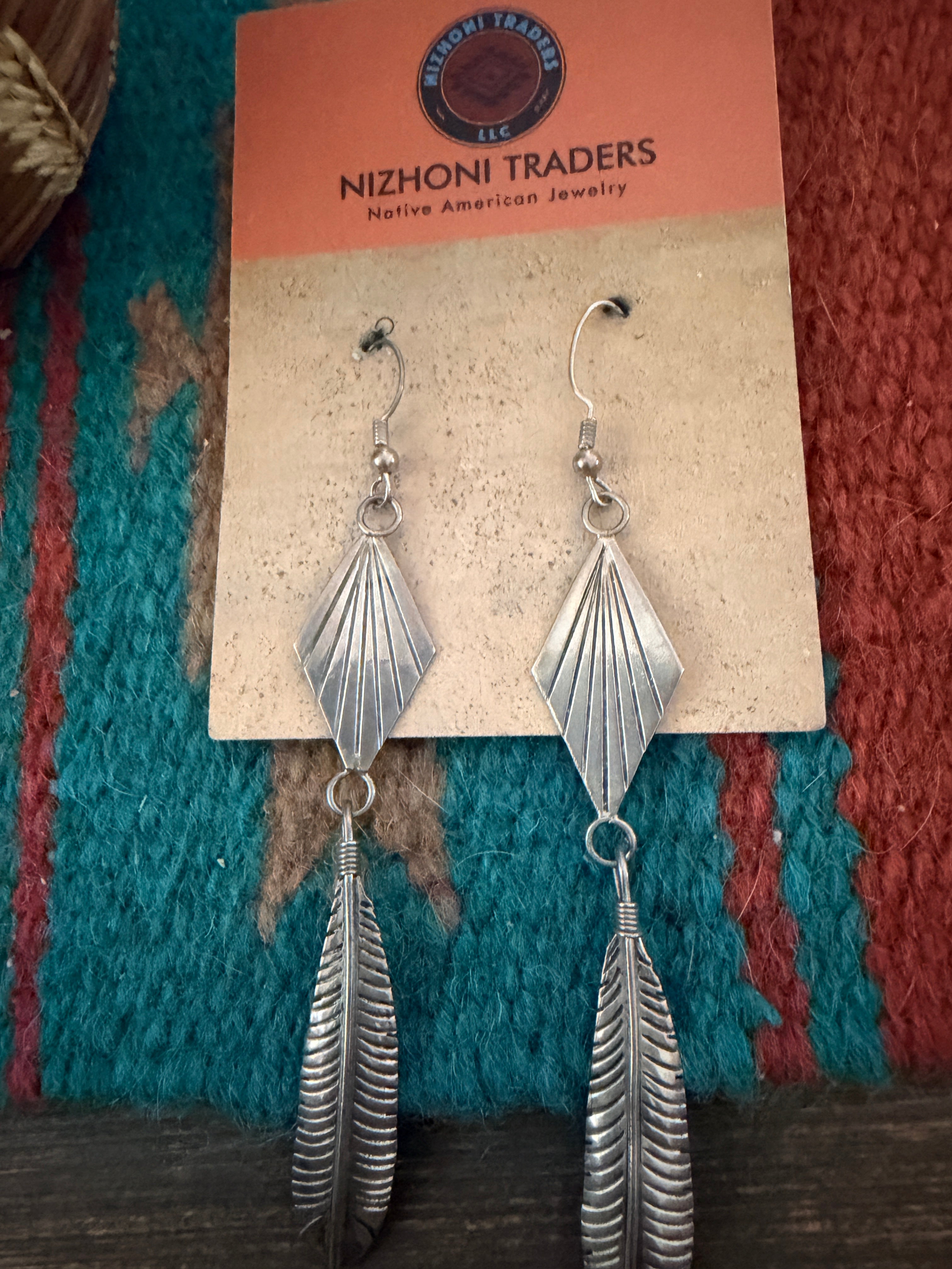Handcrafted Old Pawn Sterling Silver Feather Dangle Earrings
