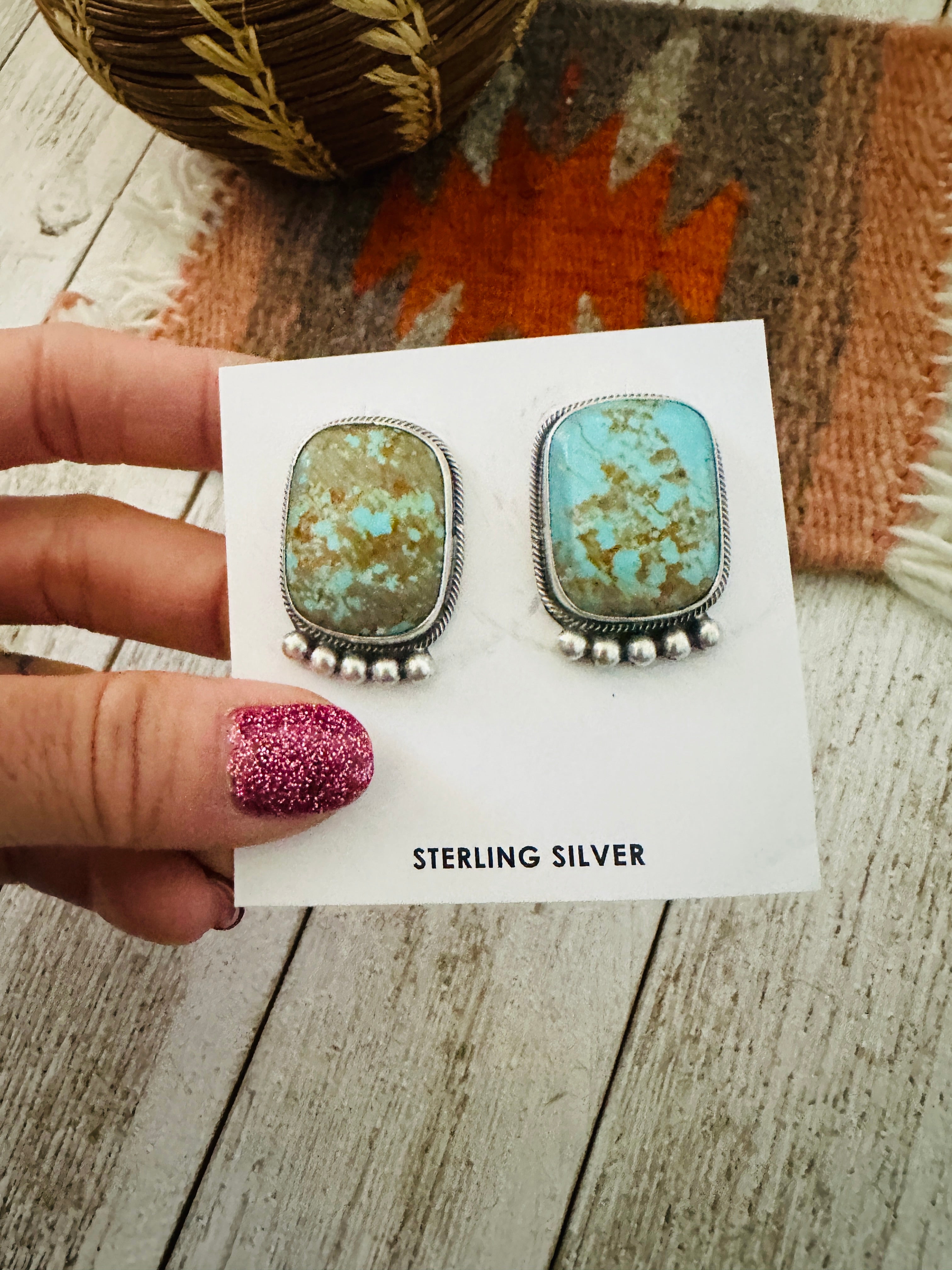 Navajo Number 8 Turquoise and Sterling Silver Post Earrings