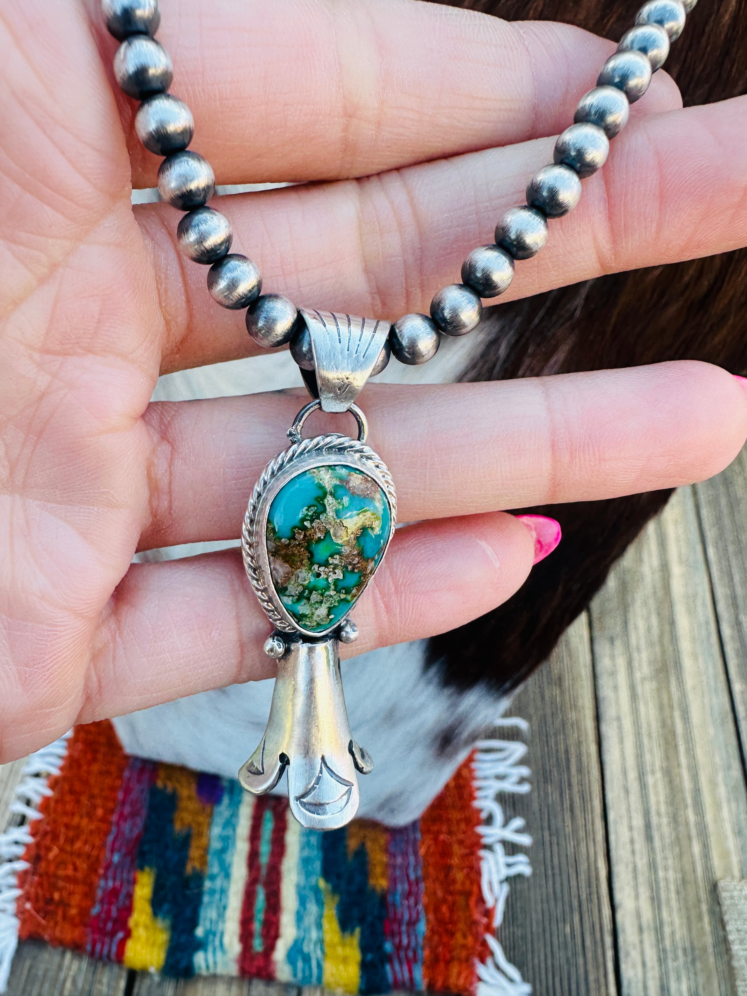 Handcrafted Turquoise & Sterling Silver Beaded Blossom Necklace