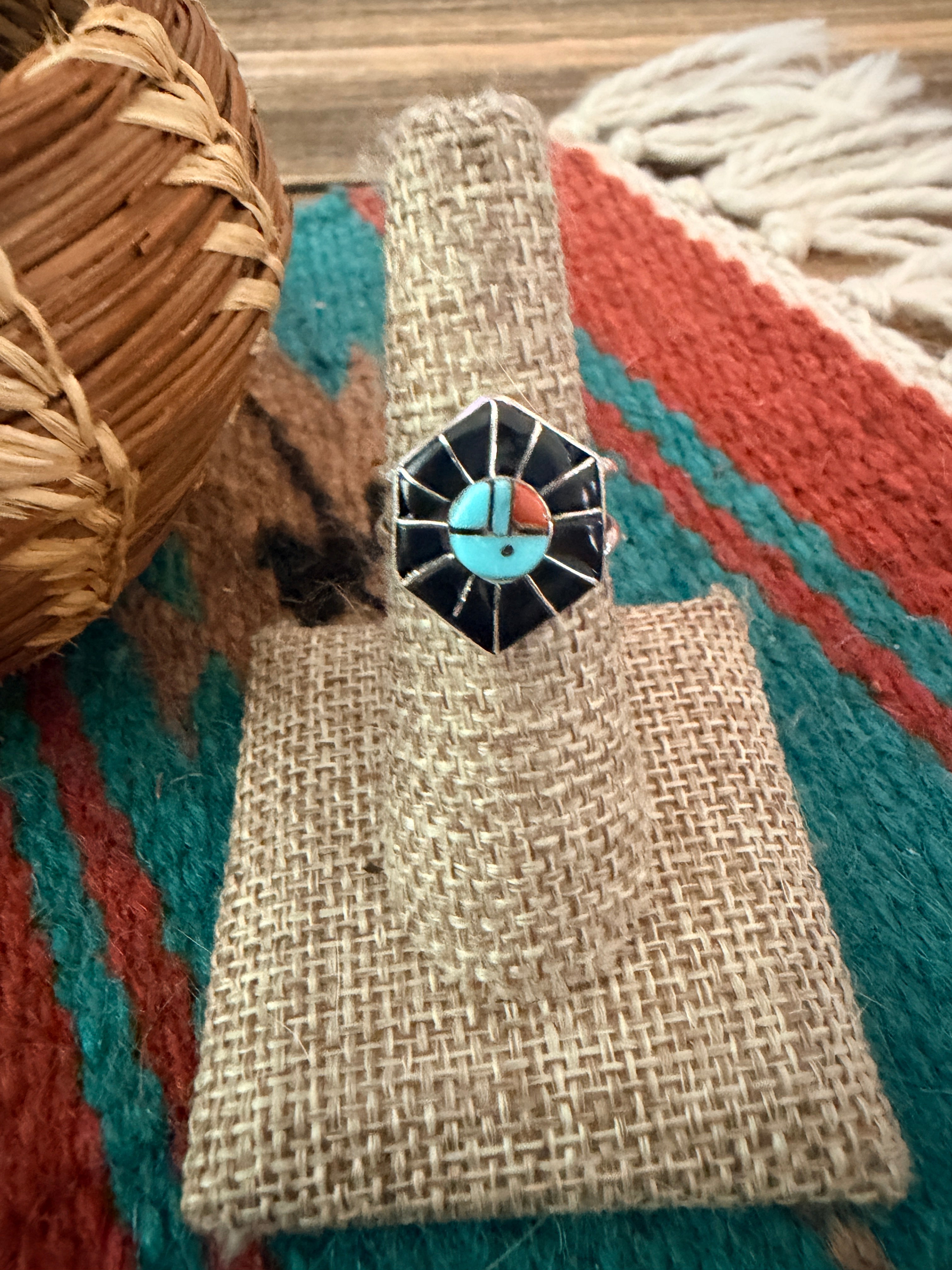 Old Pawn Handcrafted Turquoise, Onyx, Coral & Sterling Silver Inlay Sun Face Ring Size 8