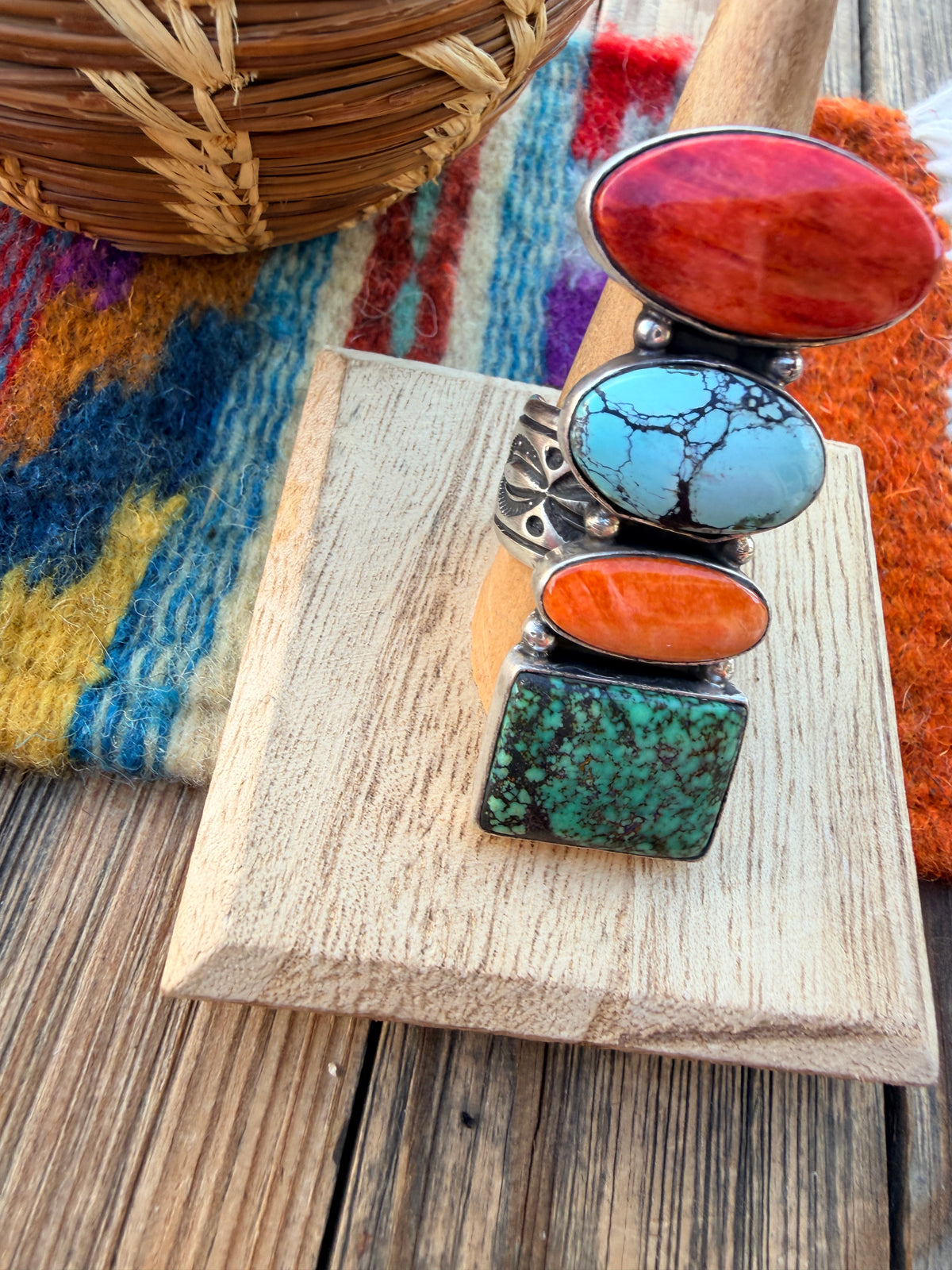 Handcrafted Spiny Oyster, Turquoise & Sterling Silver Adjustable Ring