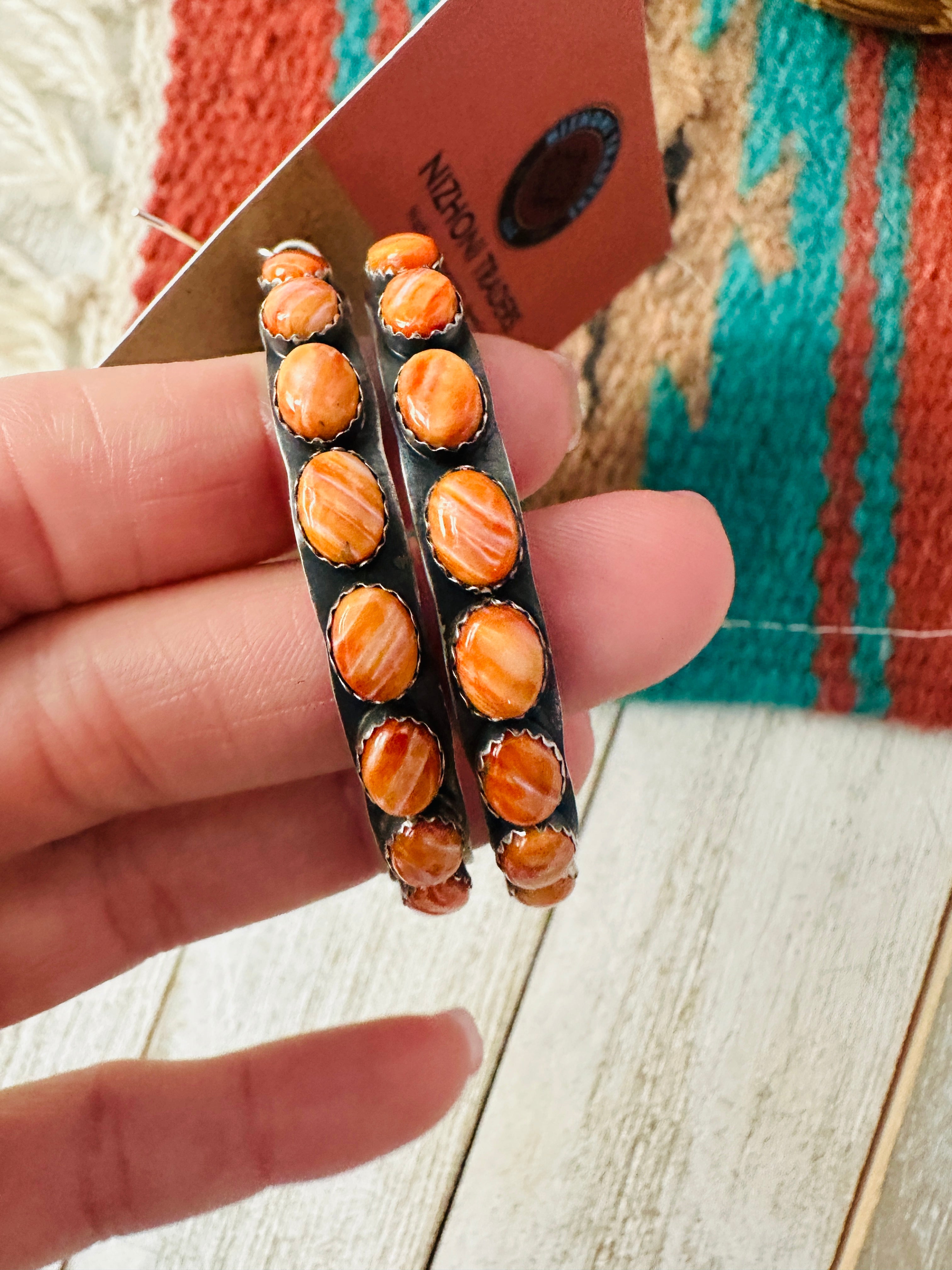 Navajo Orange Spiny & Sterling Silver Dangle Hoop Earrings by Lerry James