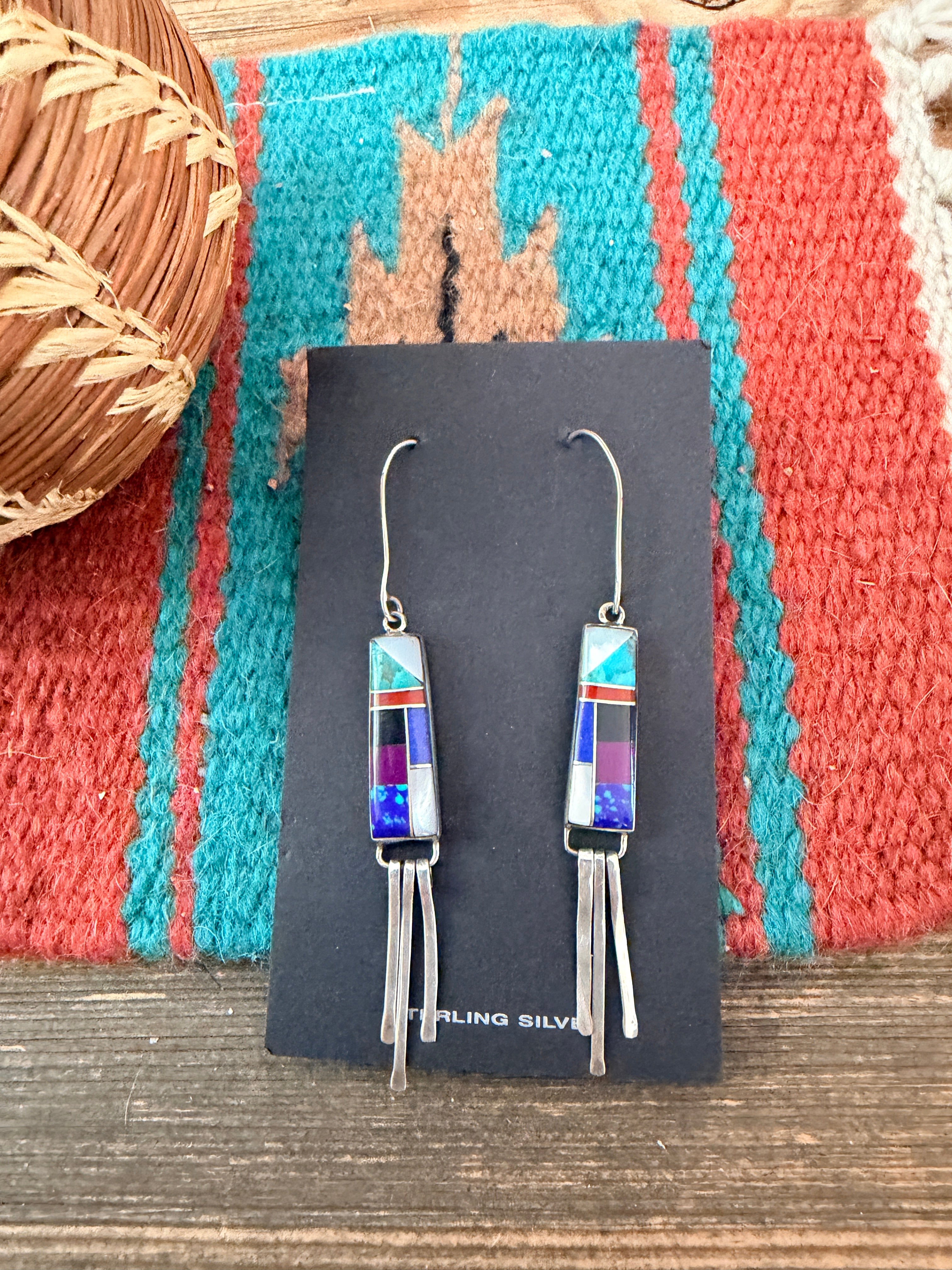 Old Pawn Handcrafted Sterling Silver & Multi Stone Inlay Dangle Earrings