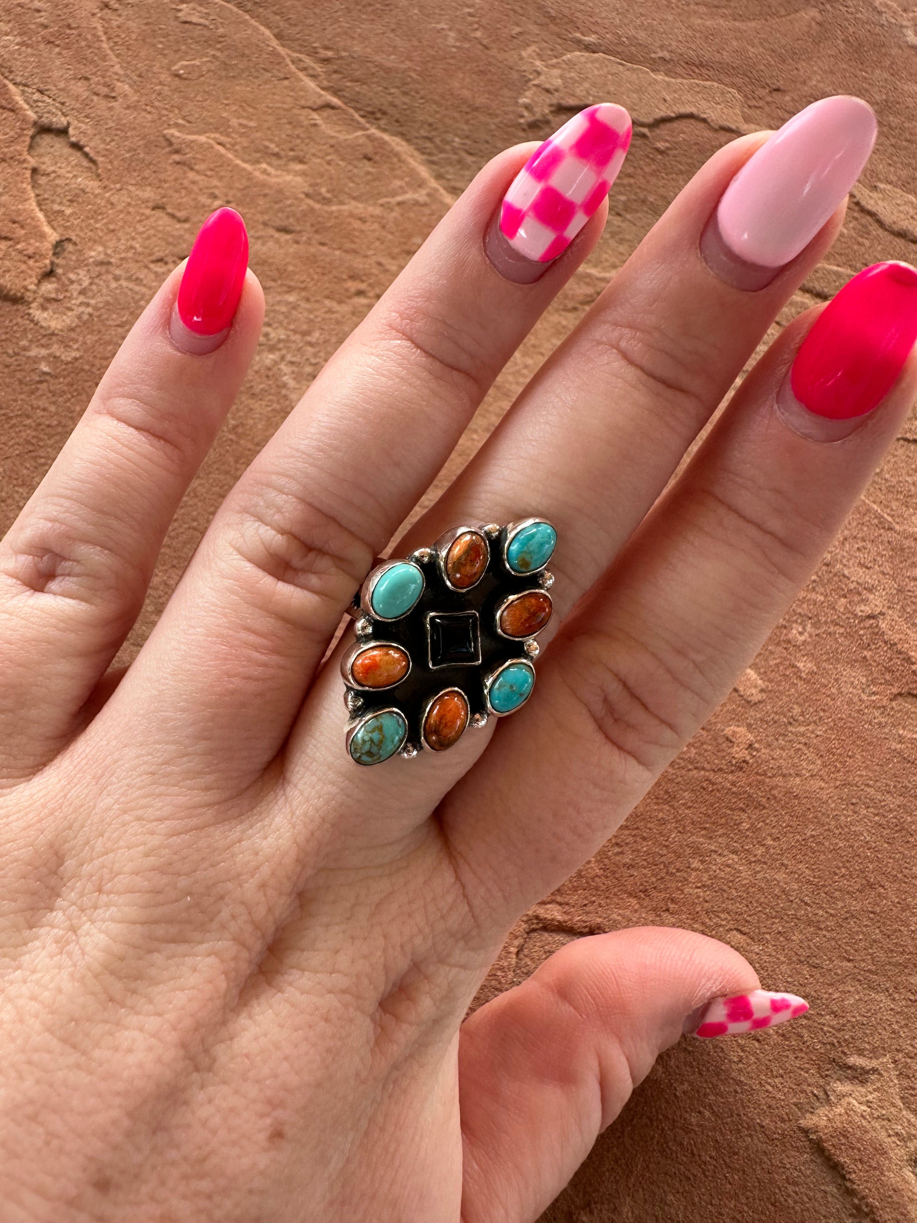 Beautiful Handmade Turquoise, Orange Mojave And Sterling Silver Adjustable Ring