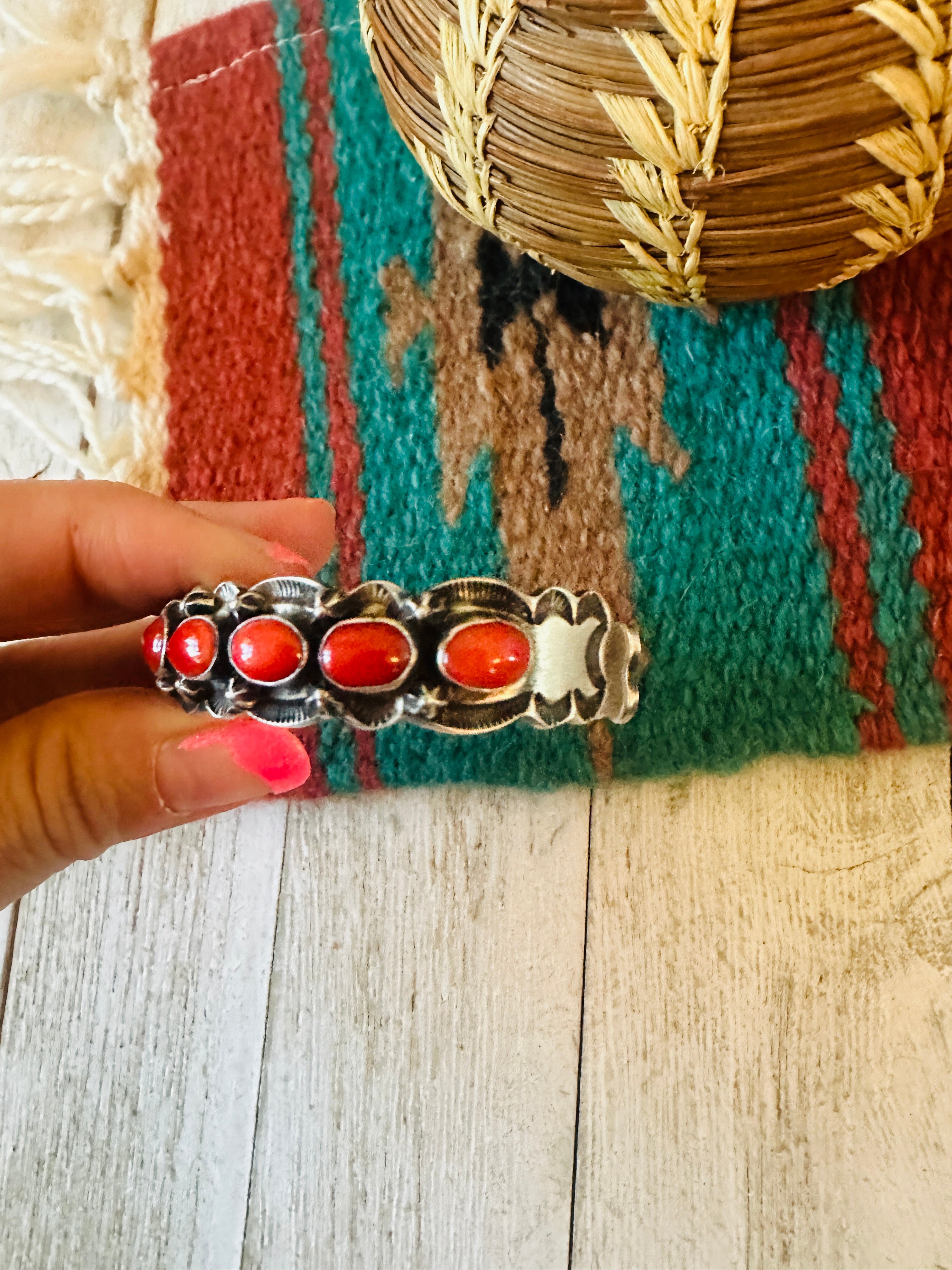 Navajo Coral & Sterling Silver Cuff Bracelet by Shawn Cayatineto