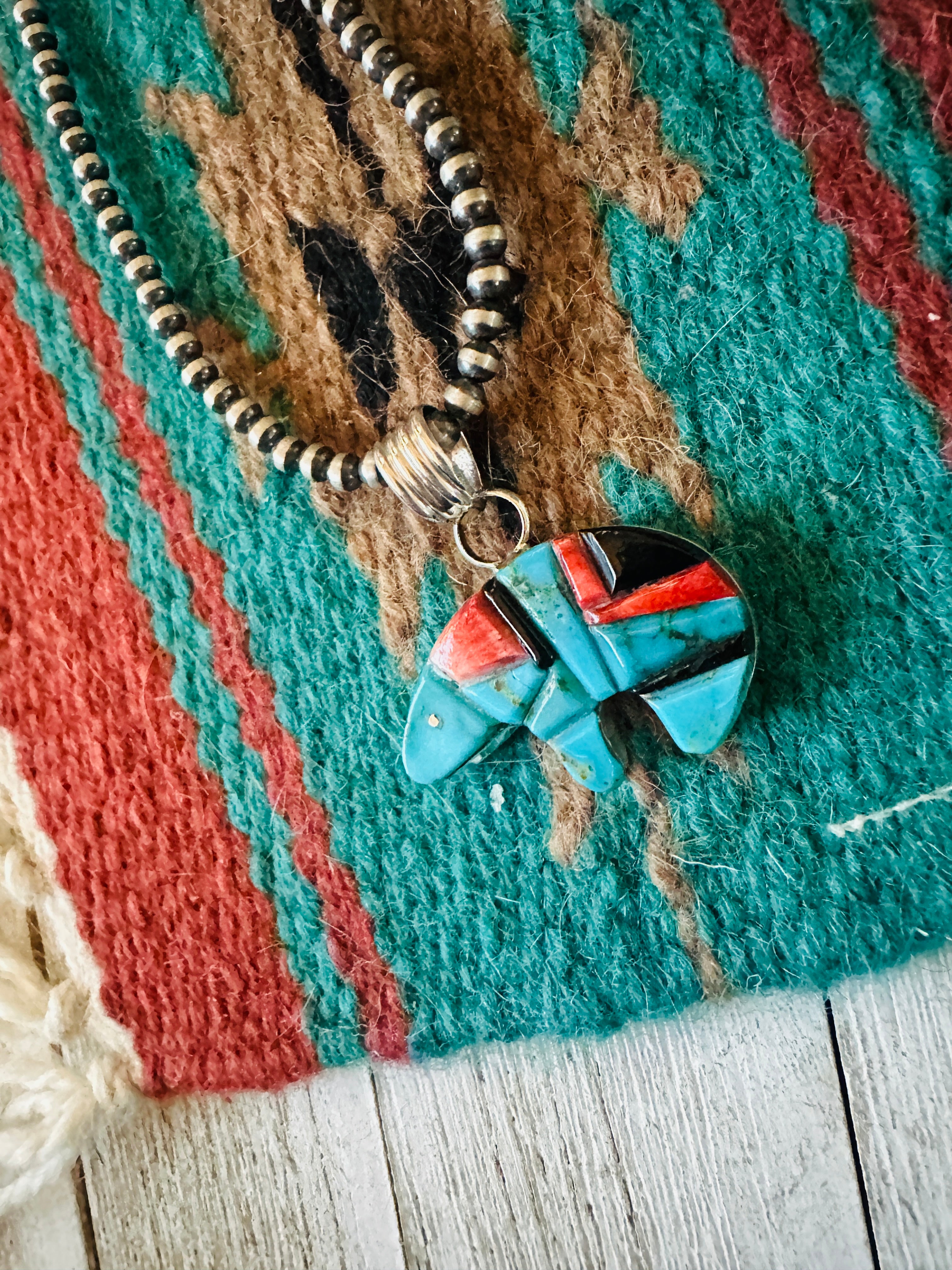 Navajo Turquoise, Spiny, Onyx & Sterling Silver Inlay Fetish Bear Pendant