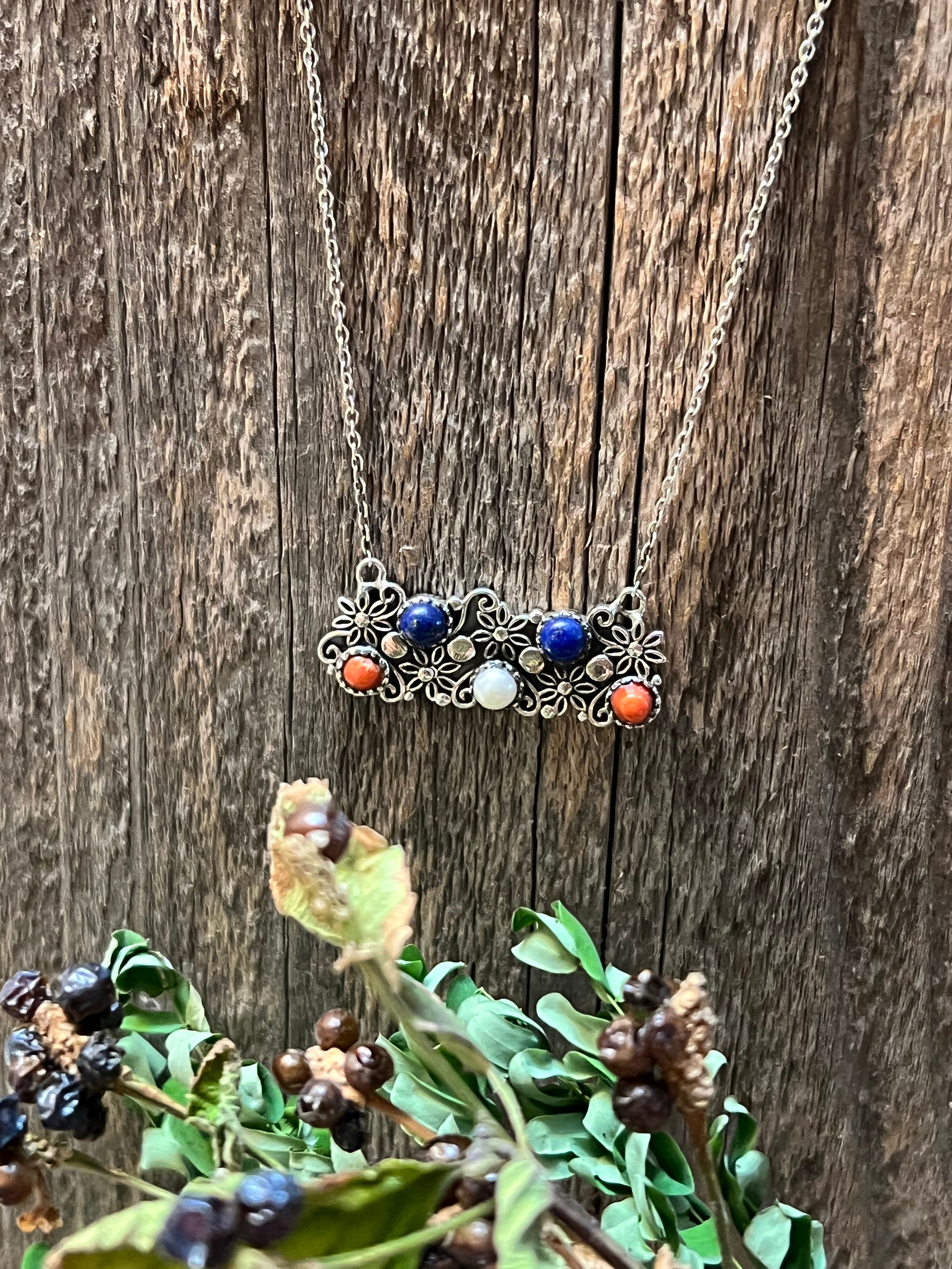 4TH OF JULY COLLECTION Handmade Coral, Pearl, Lapis & Sterling Silver Flower Bar Necklace