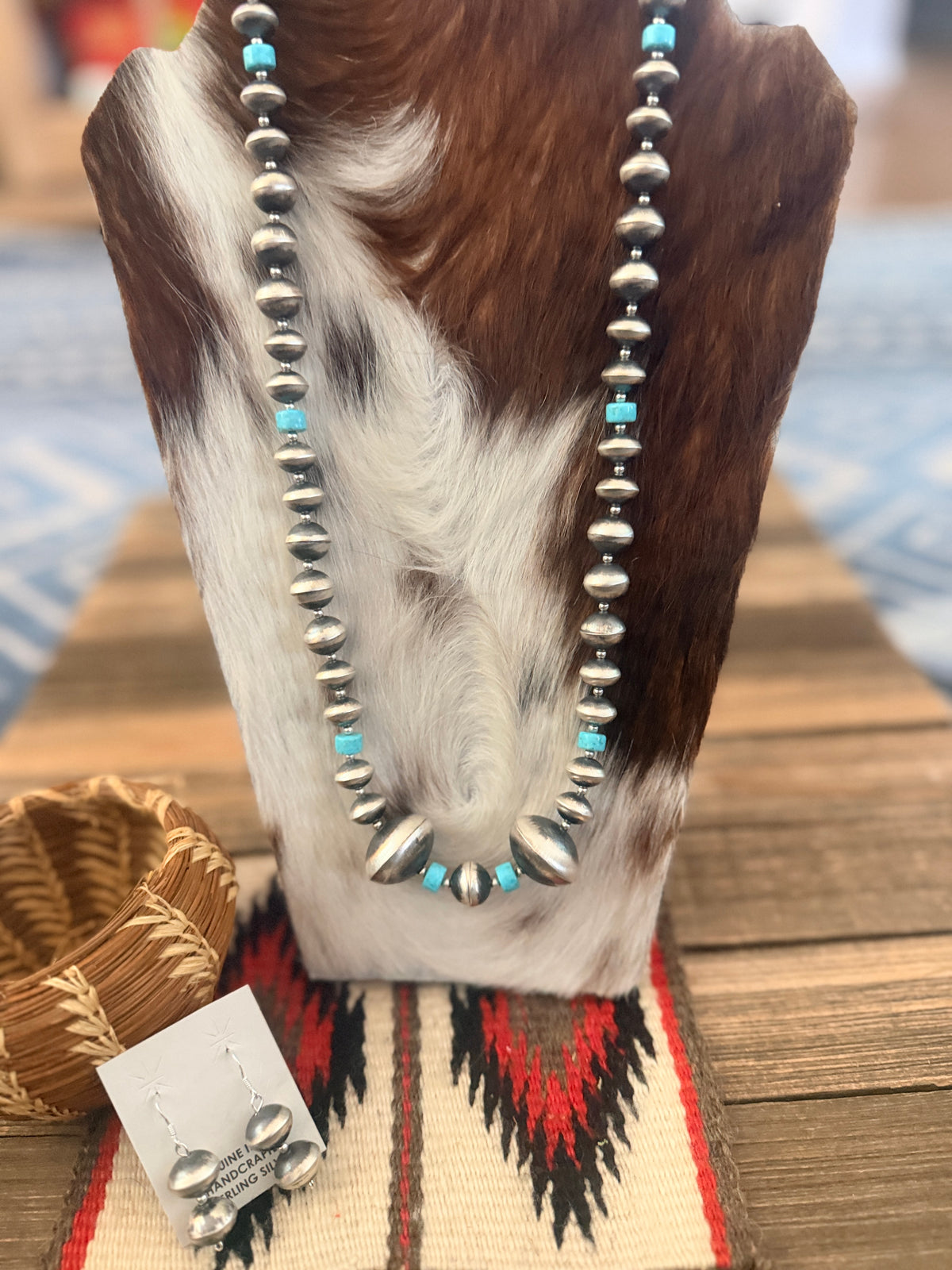 Handcrafted Turquoise & Sterling Silver Beaded Necklace and Earring Set