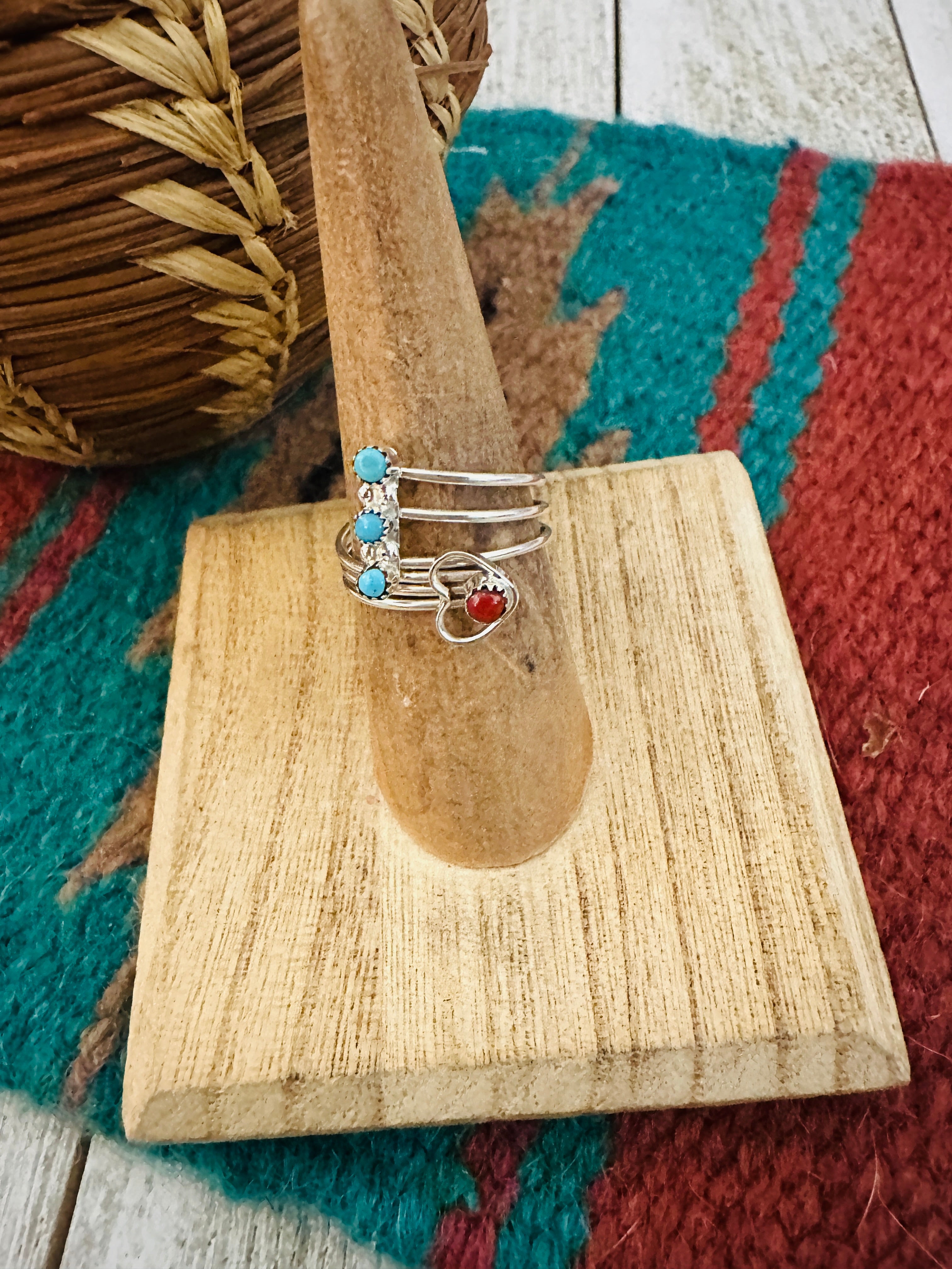 Zuni Turquoise, Coral & Sterling Silver Heart Adjustable Ring