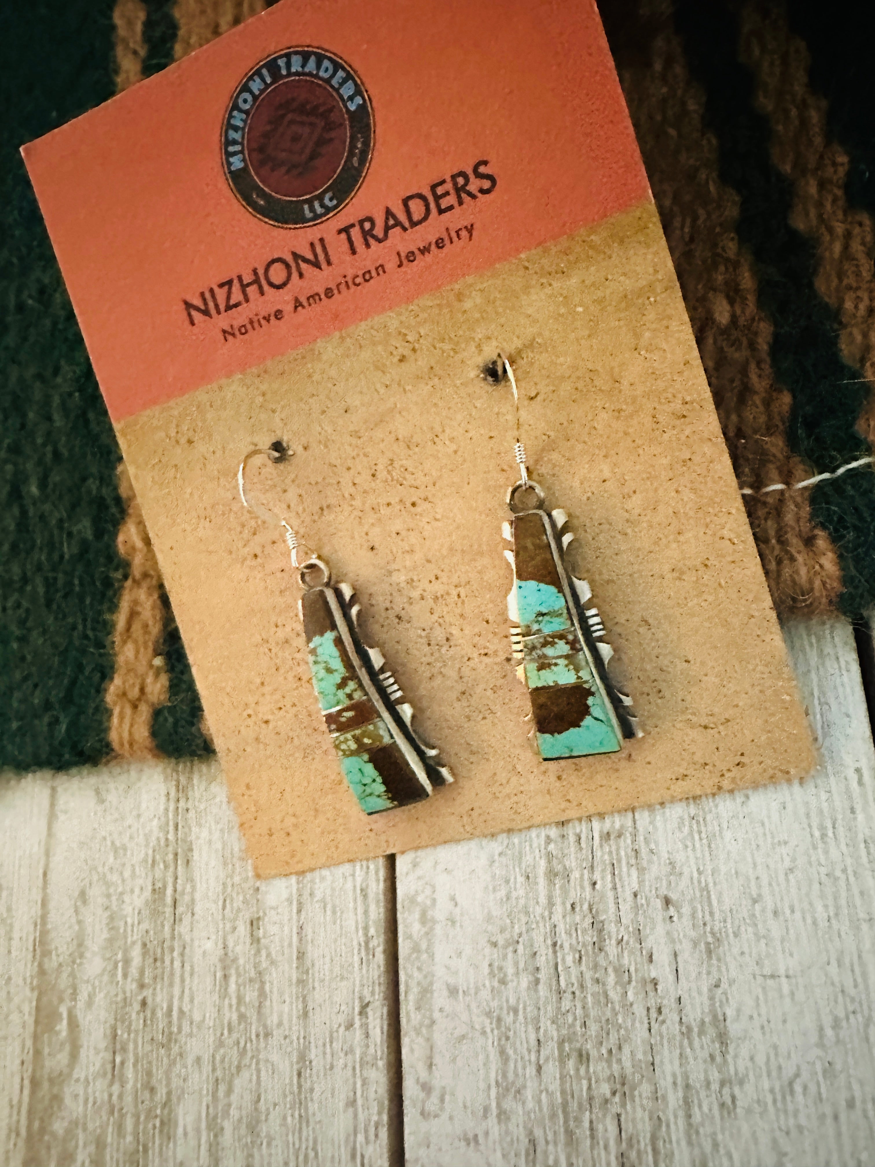 Navajo Number 8 Turquoise And Sterling Silver Inlay Dangle Earrings