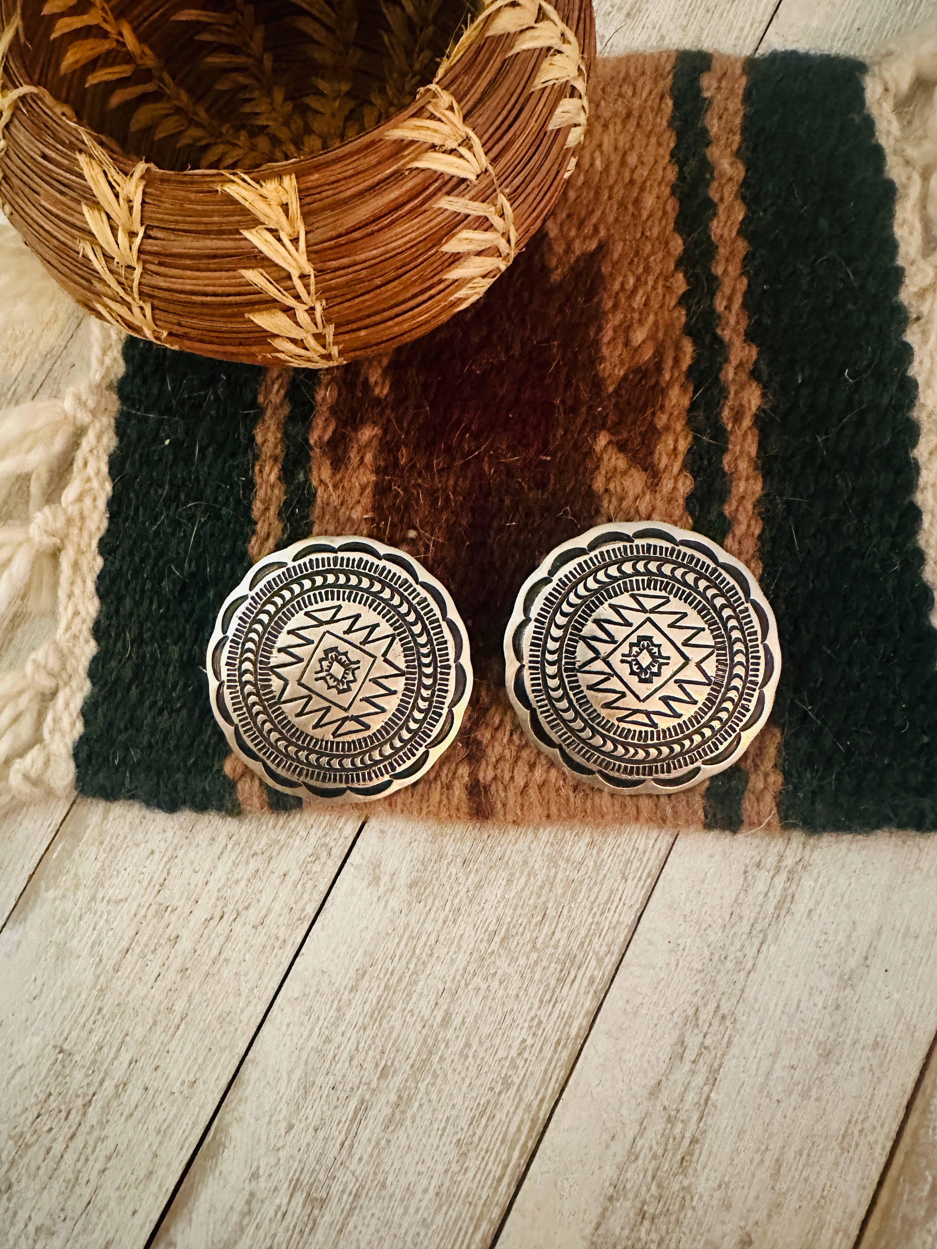 Navajo Hand Stamped Sterling Silver Concho Post Earrings