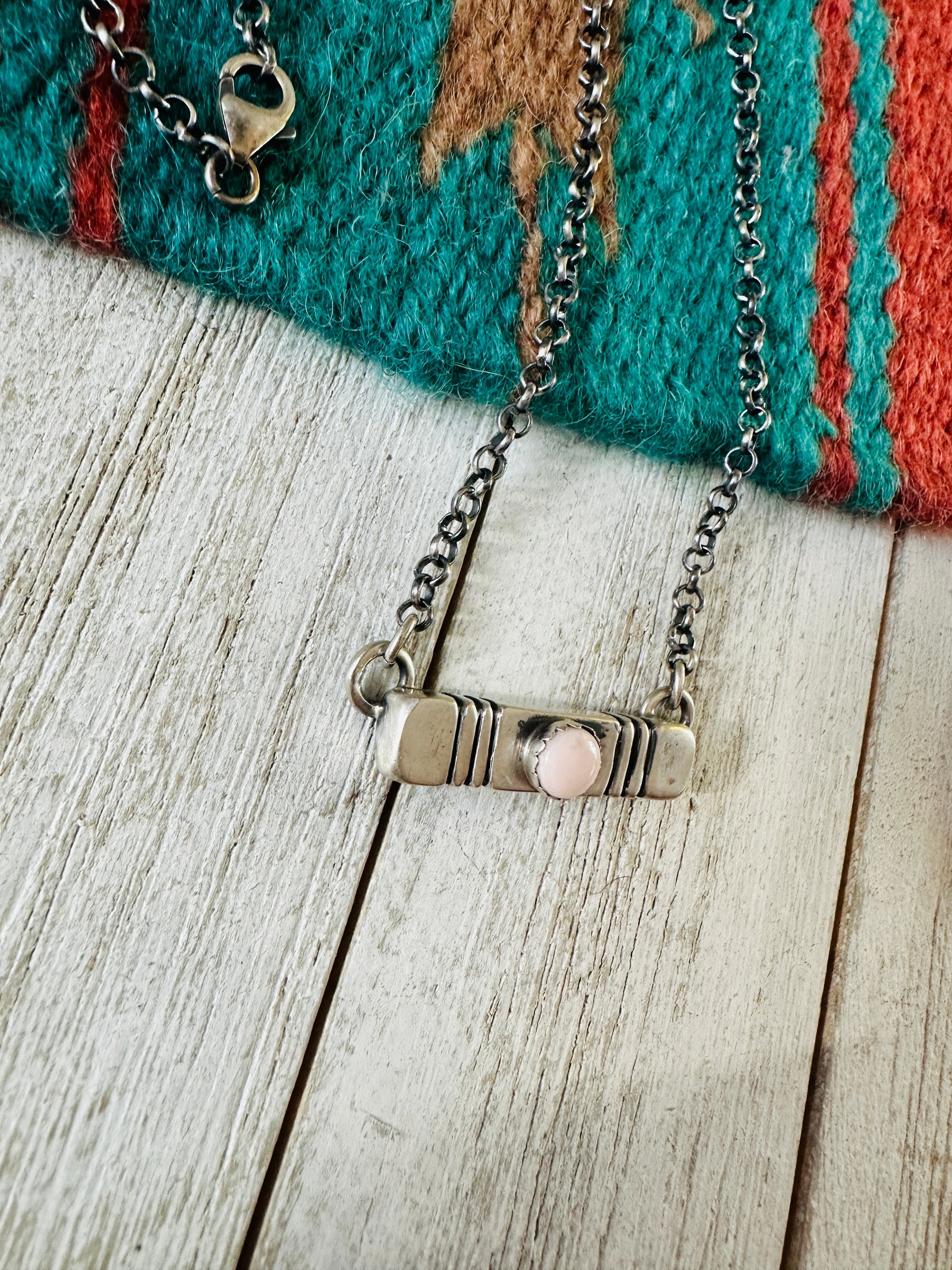 Navajo Sterling Silver & Queen Pink Conch Bar Necklace by Russell Sam