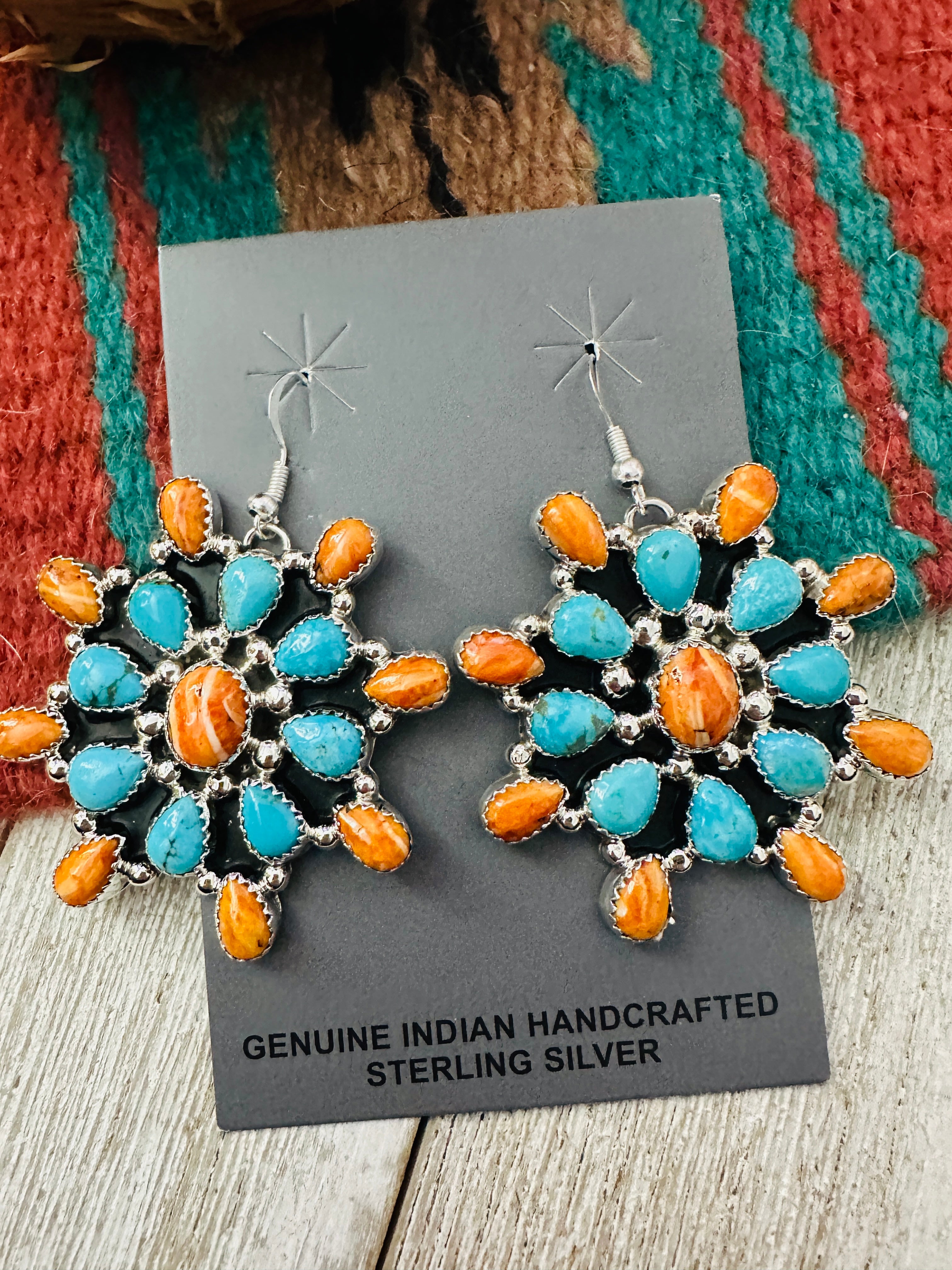 Handcrafted Turquoise, Spiny & Sterling Silver Cluster Dangle Earrings