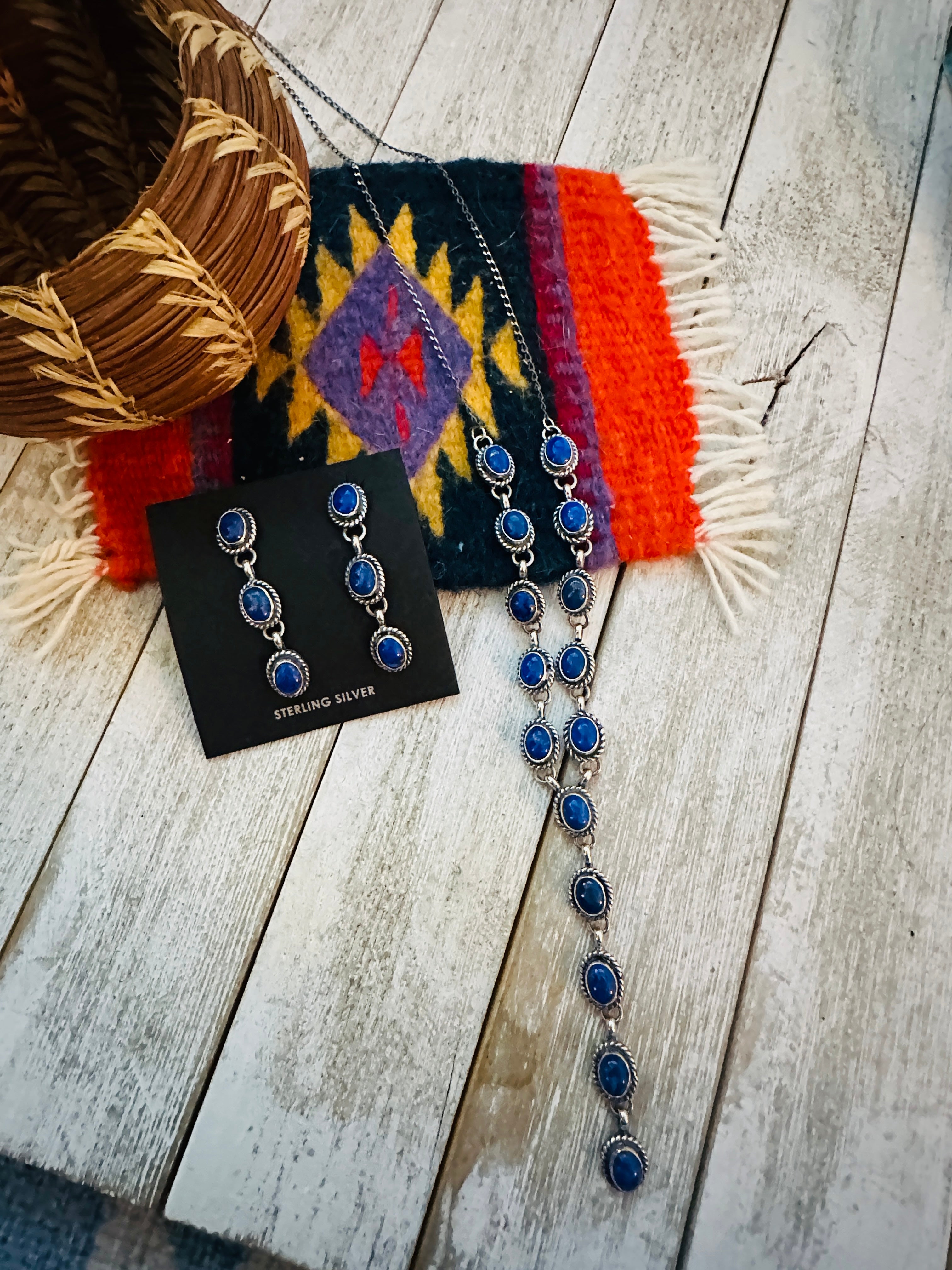 Navajo Sterling Silver & Lapis Lariat Necklace Set